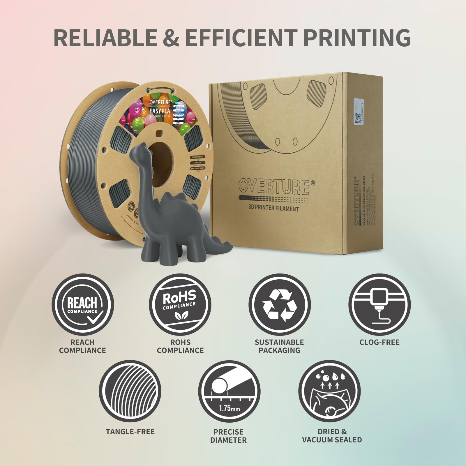 OVERTURE Easy PLA 1.75mm 3D Printer Filament - 1kg (2.2lbs) Spool with +/- 0.02mm Accuracy - Compatible with Most FDM 3D Printers - Space Gray - Perfect for Home DIY, Prototyping & Educational Projects
