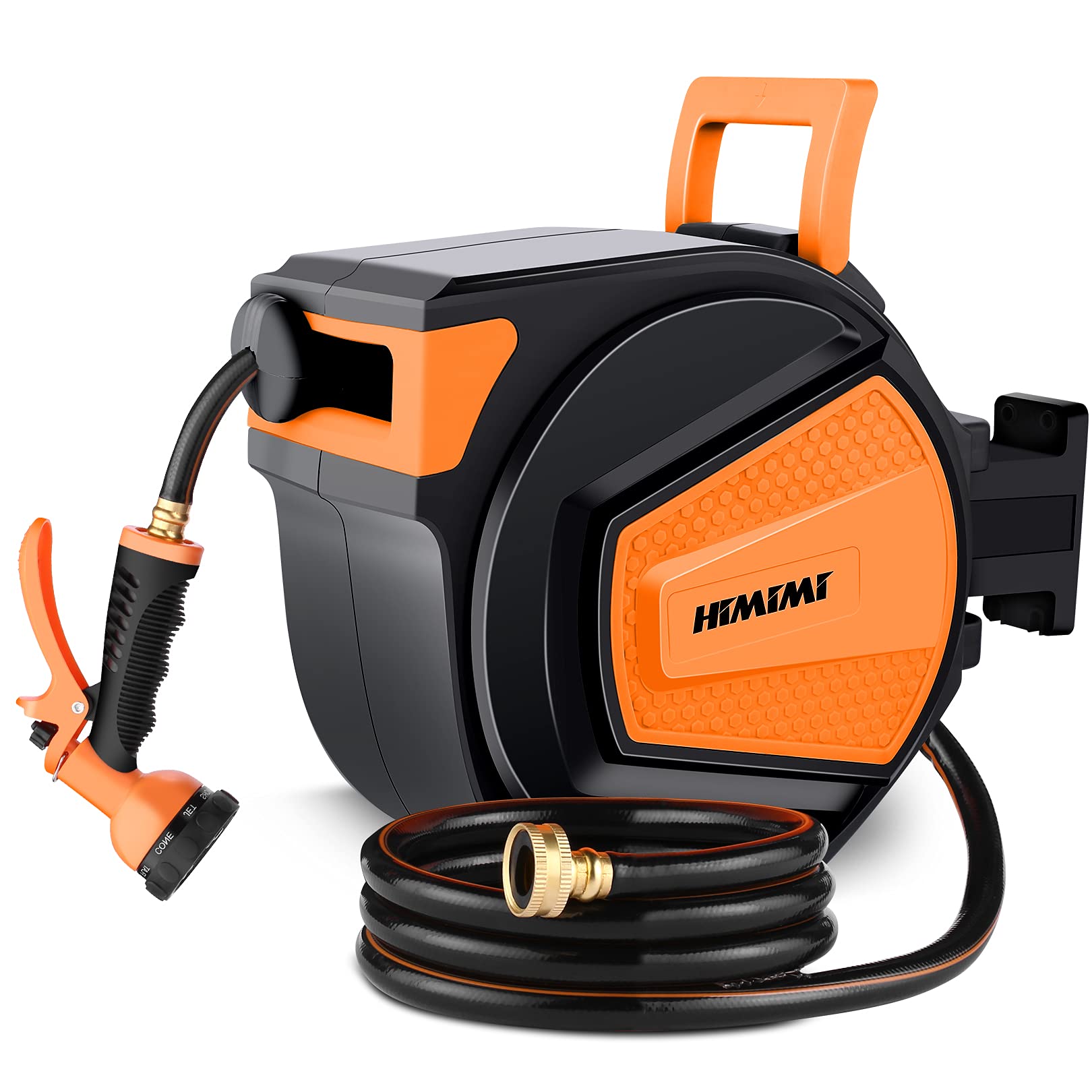 65ft Retractable Garden Hose Reel with 8-Pattern Nozzle - Wall Mounted Automatic Rewind System, Adjustable Length Lock & 180° Swivel Bracket (Black/Orange) - Perfect for Lawn Watering, Car Washing, and Outdoor Cleaning