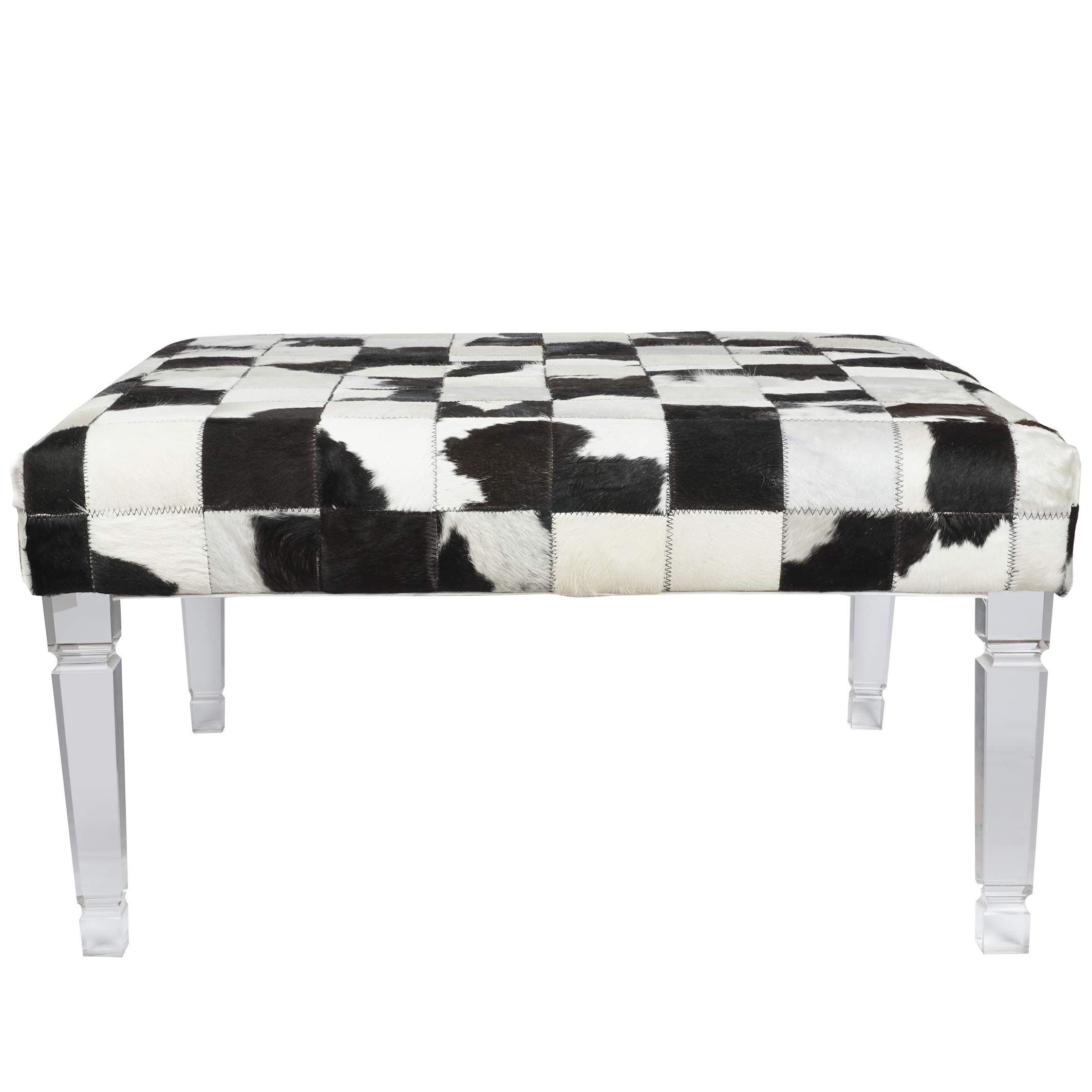 Benjara BM200865 White & Black Cow Hide Upholstered Bench with Acrylic Legs - Stylish Entryway, Bedroom or Living Room Seating