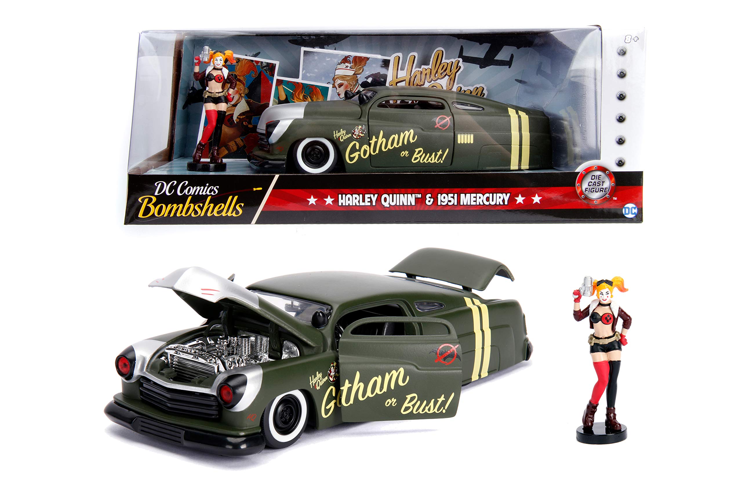 JADA TOYS 1/24 Scale Mercury 1951 & Harley Quinn Action Figure - Collectible Die-Cast Model Car with DC Comics Character for Display & Gifts