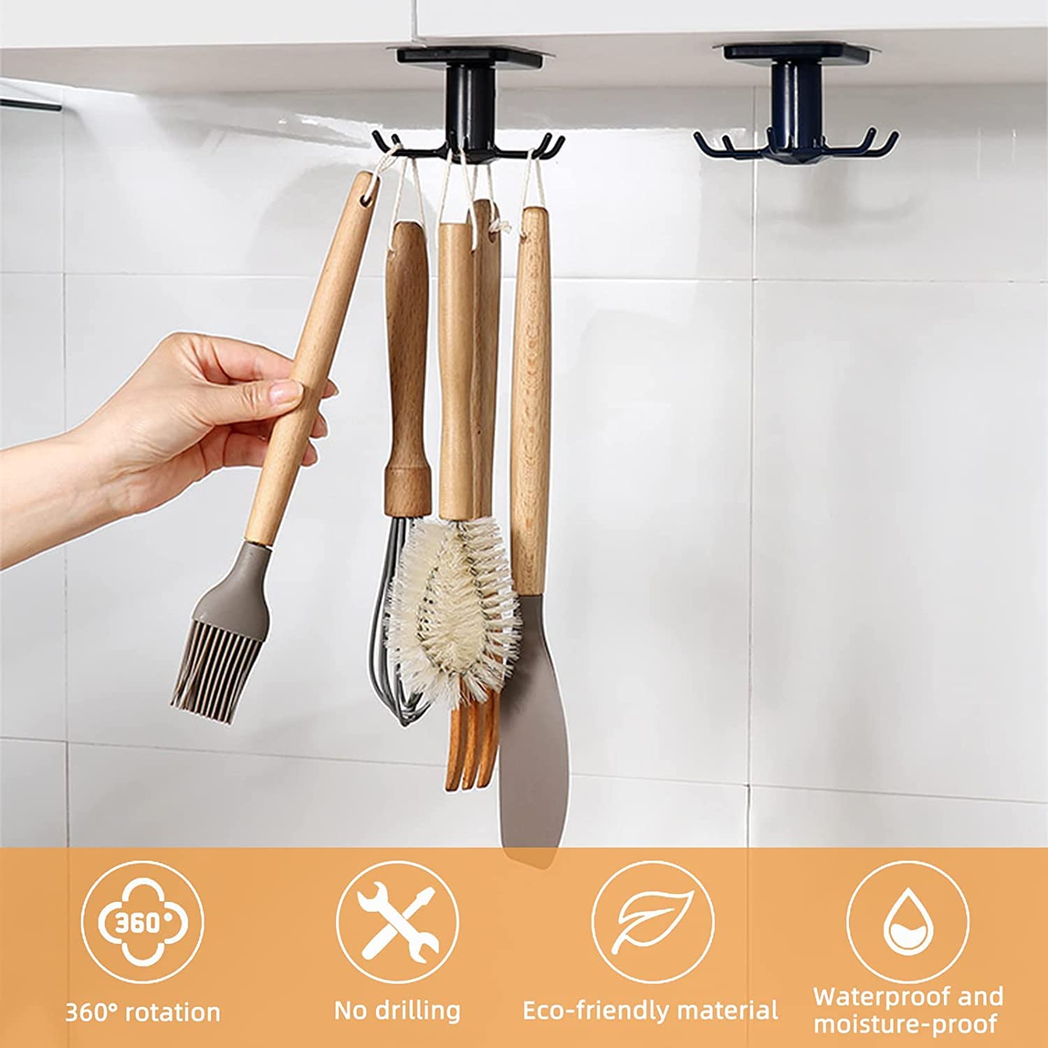 2pcs 360° Rotating Under Cabinet Kitchen Utensil Rack, Adhesive Utility Hooks for Tools Storage, Black - Perfect for Small Kitchen Organization