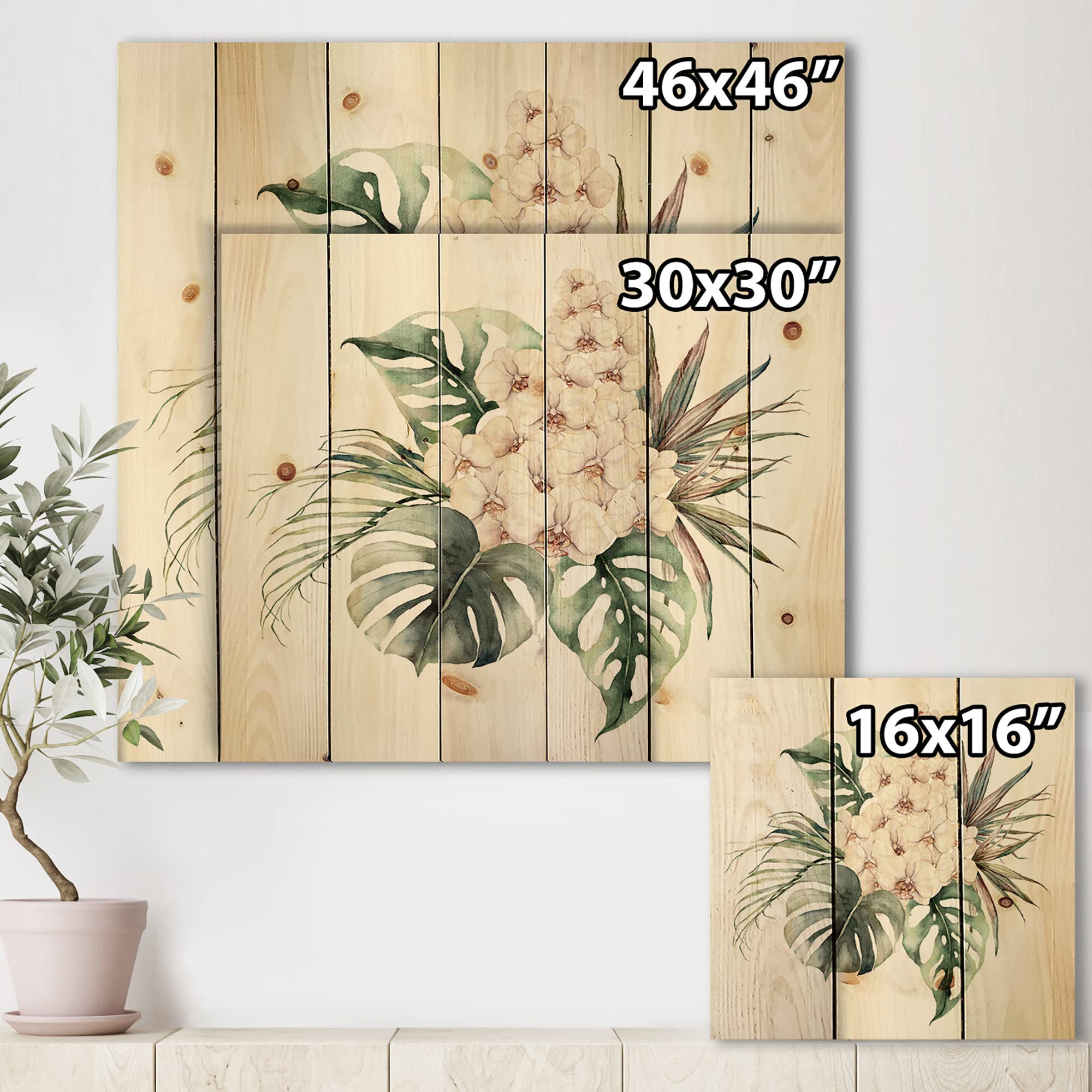 Orchid Monstera Coconut Leaves Wood Wall Decor - Large Floral Pine Wood Art Panel - Traditional Green Wood Wall Hanging for Living Room, Bedroom & Office Decor