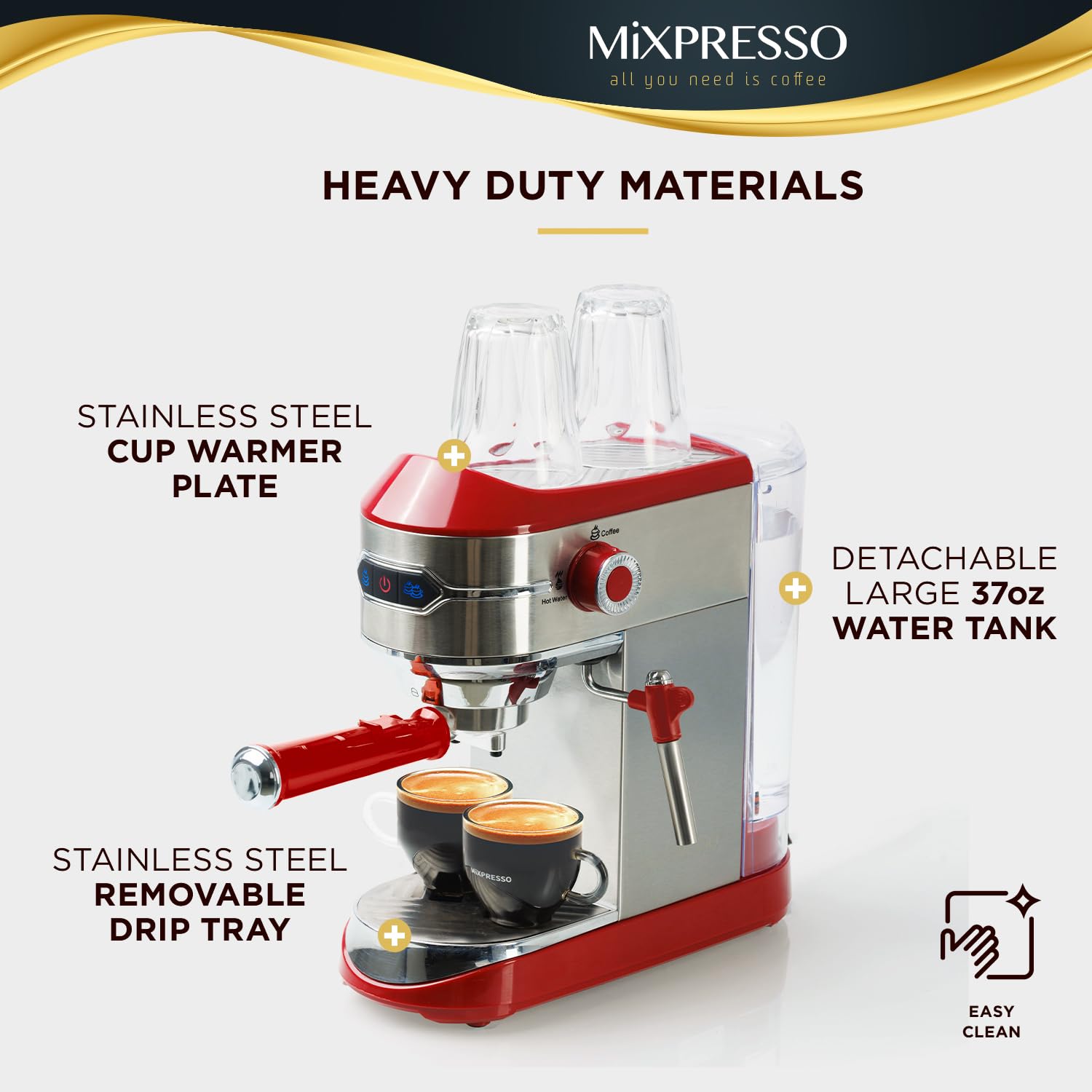 Mixpresso 15 Bar Professional Espresso Machine with Milk Frother - Fast Heating 1450W, 37Oz Water Tank, Double Cup Splitter - Perfect for Home Baristas to Make Espresso, Cappuccino & Latte (Ideal for Morning Coffee, Entertaining Guests & Coffee Shops)
