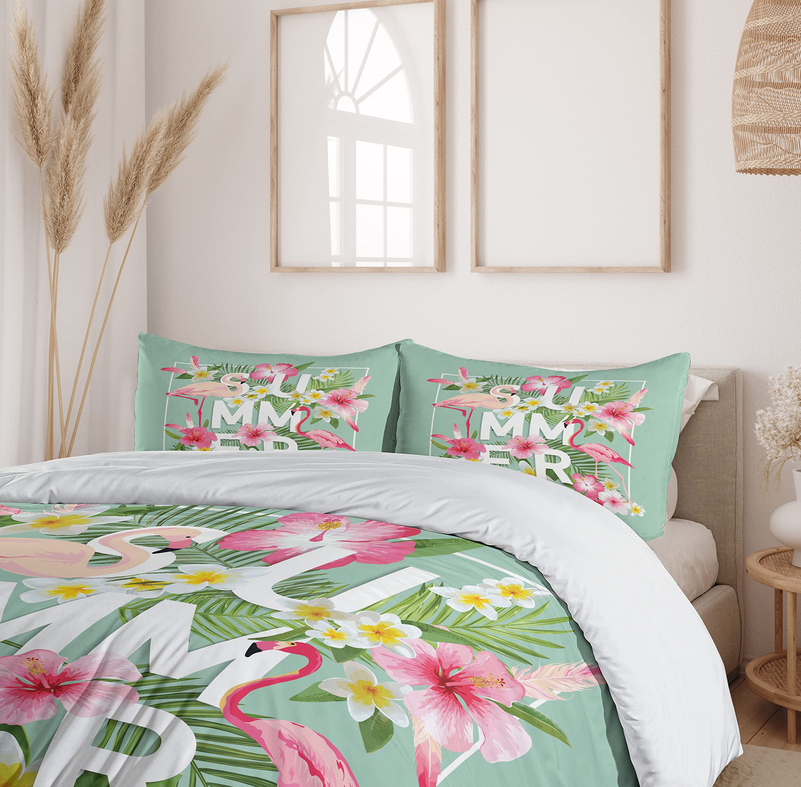 Ambesonne Floral Duvet Cover Set | Tropical Flower & Flamingo Print 3-Piece Bedding | California King Size Mint Green & Pink | Retro Wedding Decor, Bohemian Bedroom, Guest Room Styling