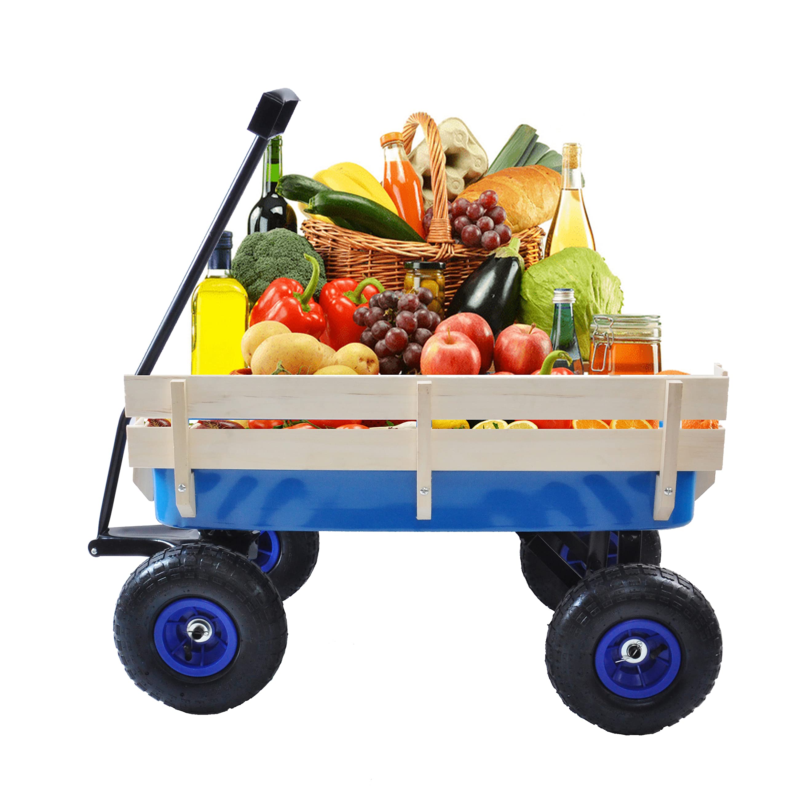 ZeHuoGe Heavy Duty All Terrain Utility Wagon with Removable Wooden Side Panels - Large Capacity Outdoor Pull Cart with Air Tires for Camping, Beach, Gardening, and Sports (Blue)