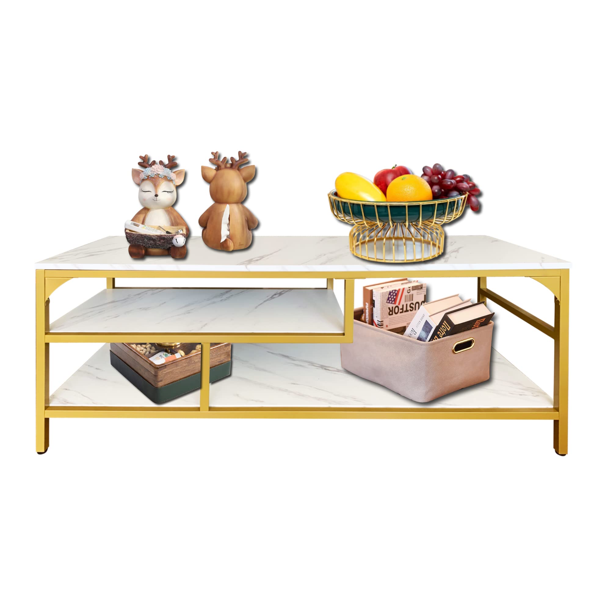AT-VALY 3-Tier TV Stand with Open Shelves - Gold Metal Frame & White Faux Marble Top Media Console Table for Living Room, Bedroom - Perfect for Organizing Entertainment Systems, Books & Decor