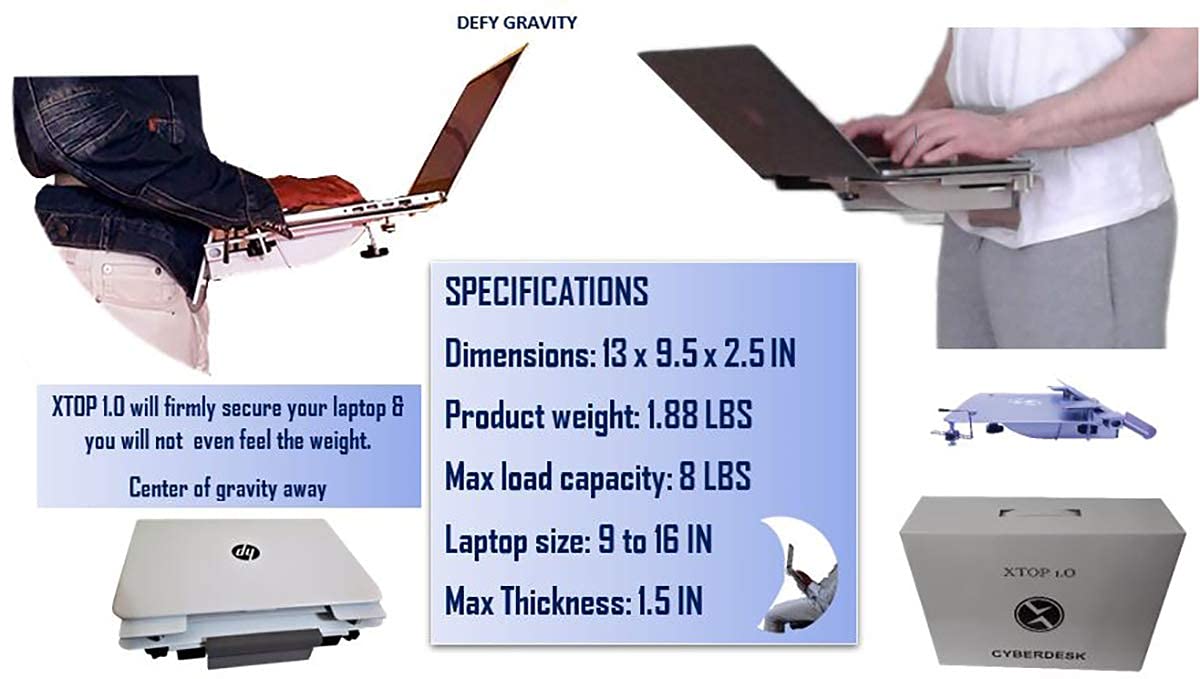 XTOP - Advanced Portable Laptop Desk with Gravity Defying Design - Adjustable Stand for Standing, Walking, Sitting, Reclining & Bed Use - Perfect for Home Office, Dorm Room & Travel (Silver)