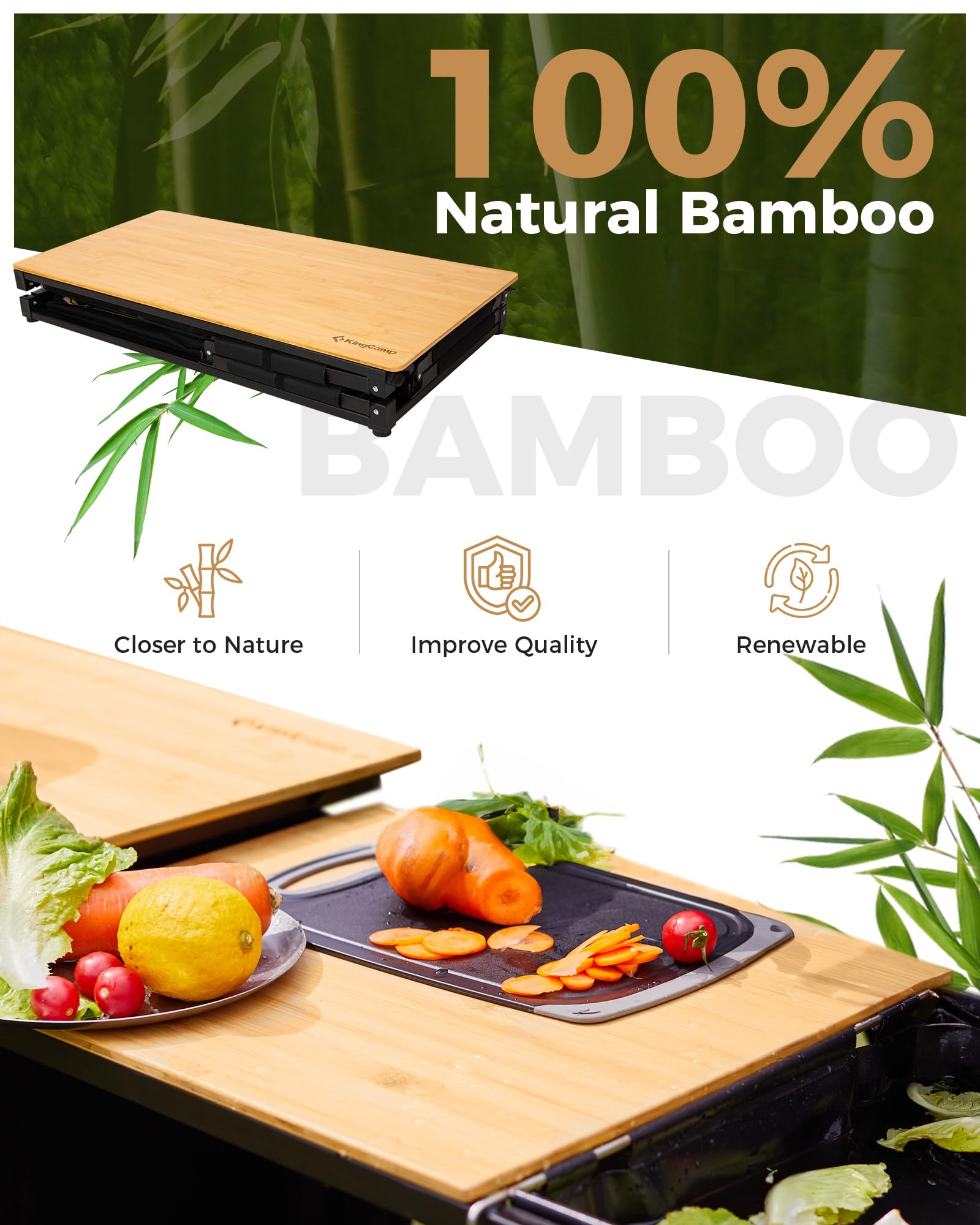 KingCamp XL-Black Bamboo Folding Camping Table with Aluminum Frame, Lantern Pole, Side Hooks & Pockets - Portable Outdoor Cooking Station for Camping, Picnics, BBQ & Tailgating