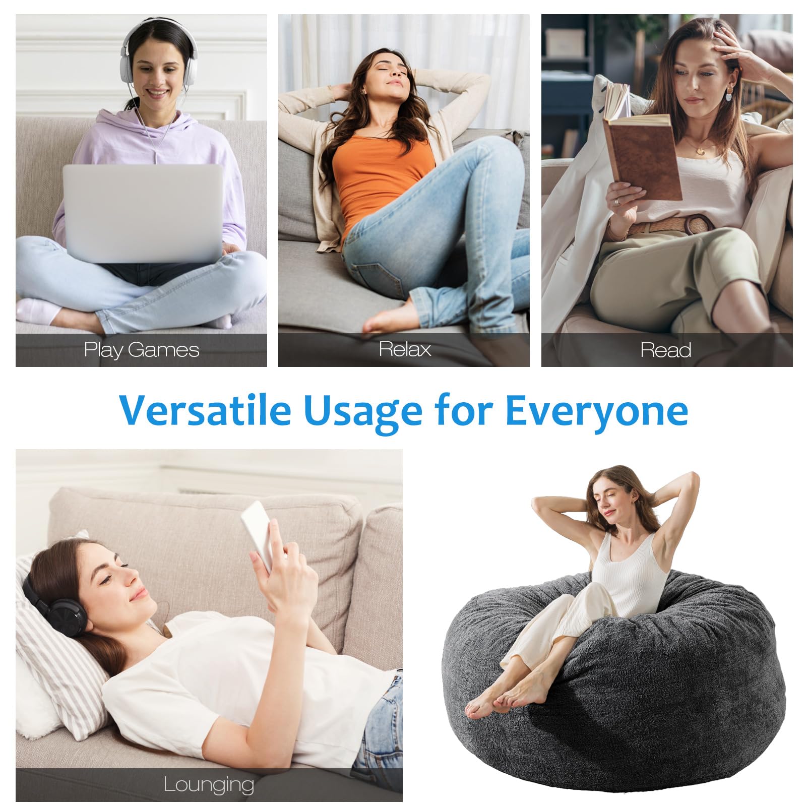 3 ft Sherpa Bean Bag Chair with Filling - Ultra Soft Faux Fur & Memory Foam for Adults & Kids | Dark Gray | Perfect for Living Room, Bedroom & Game Room Lounging