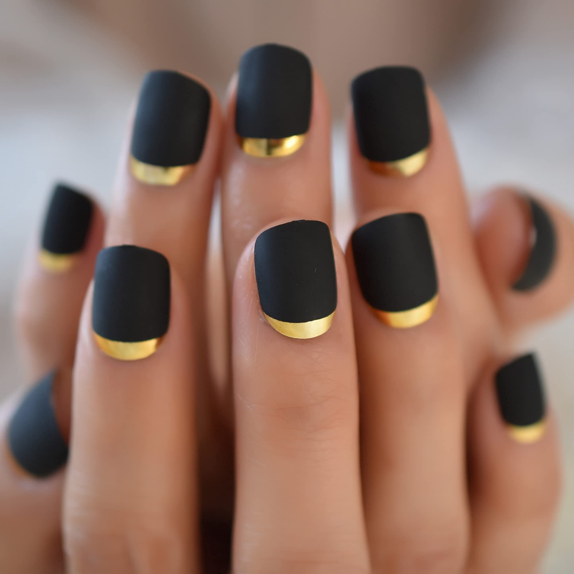 Black Matte Press On Nails with French Tip Designs - Easy DIY Fake Stick On Nails for Women - Gold Metallic Glam Manicure - Perfect for Parties, Weddings & Special Occasions