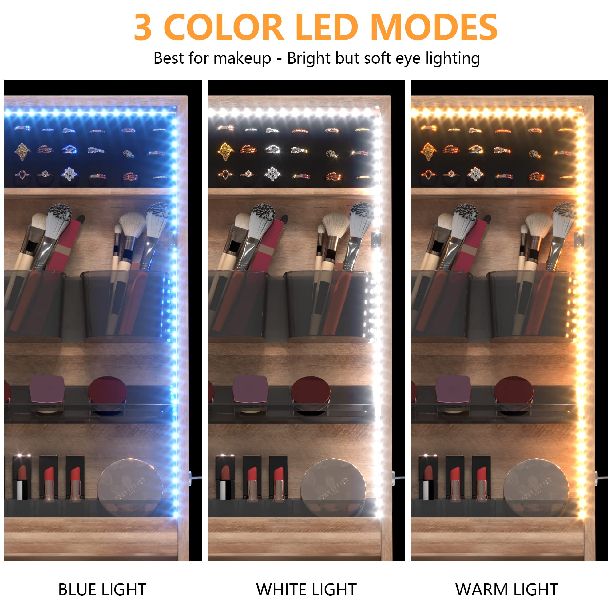 LVSOMT Lockable Jewelry Armoire Organizer with LED Lights - Wall Mounted Mirror Jewelry Cabinet with Storage, Brown - Perfect for Bedroom, Closet & Dressing Room Organization