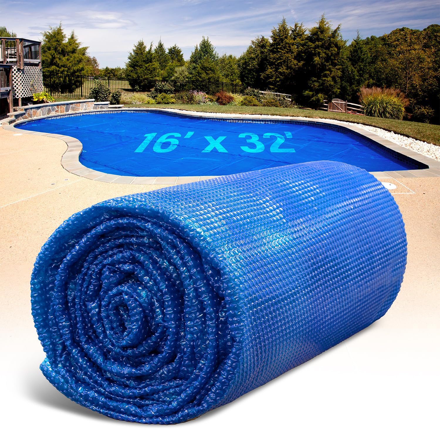 Premium 16' x 32' Rectangle Solar Pool Cover for Inground & Above Ground Pools - 12 Mil Thick Blue Solar Blanket to Retain Heat & Reduce Evaporation - Perfect for Backyard, Residential & Commercial Swimming Pools