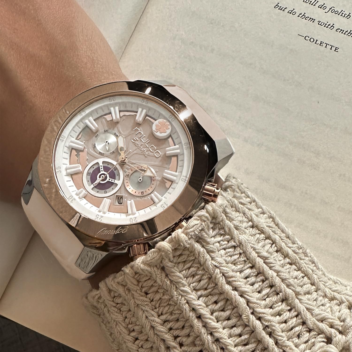 Mulco Women's Enchanted Maple Watch - Silver Stainless Steel Case with Silicone Band, Mother of Pearl & Rose Gold Dial, Quartz Movement, Water Resistant - Elegant Timepiece for Office, Date Night & Special Occasions