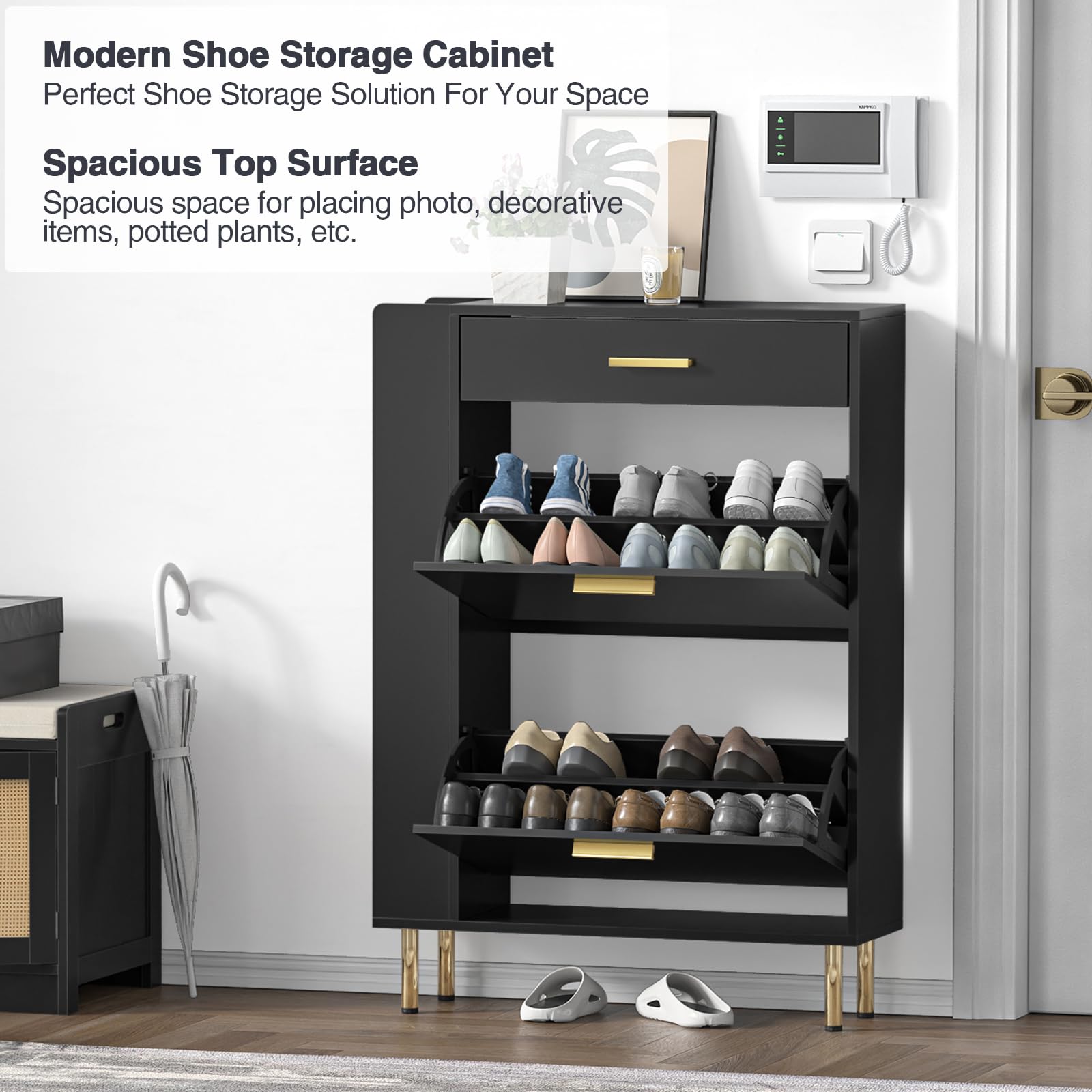 Anmytek Modern Black Shoe Cabinet with 2 Flip Drawers - Freestanding Shoe Storage Organizer for Entryway, Hallway, Bedroom & Closet - Space Saving Narrow Shoe Rack with Storage Drawers for Shoes, Boots & Accessories