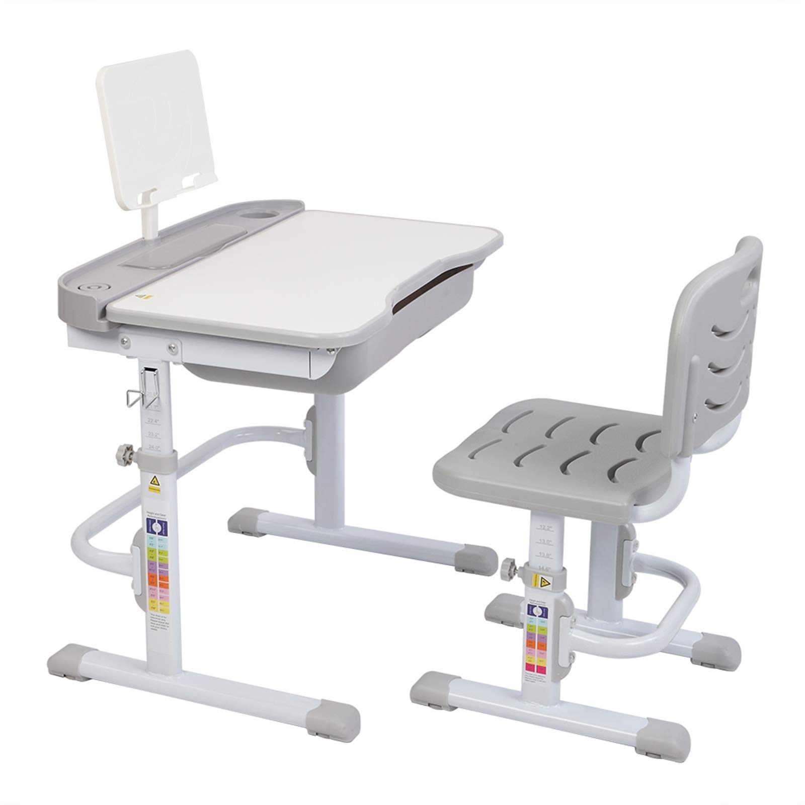 Adjustable Height Kids Study Desk and Chair Set with Tiltable Table Top & Bookstand - Ergonomic Children's Learning Table for School & Home Use (Gray, 70cm) - Perfect for Reading, Writing & Drawing Activities