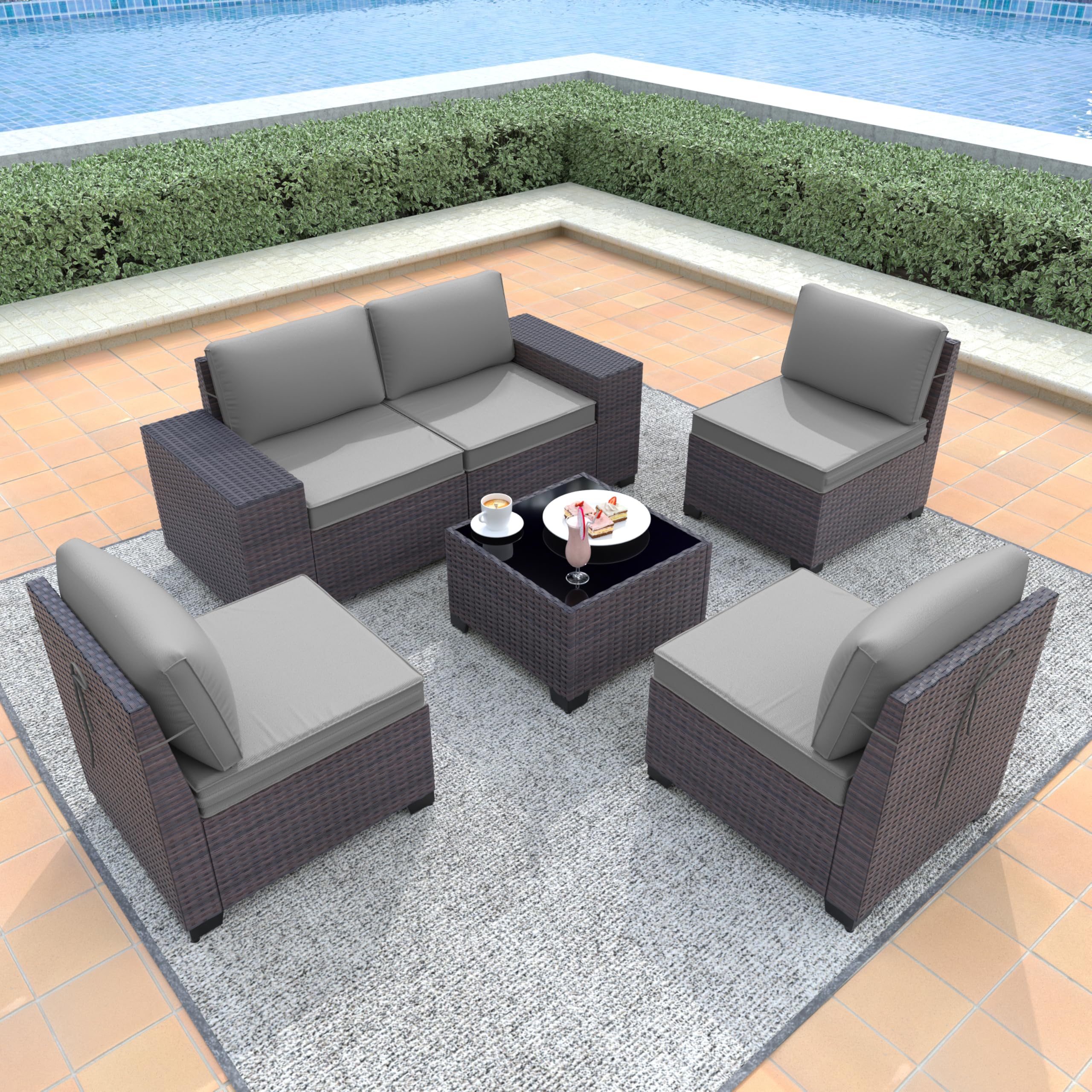 Gotland 6-Piece Patio Furniture Set - All-Weather PE Rattan Outdoor Sectional Sofa with Replaceable Grey Waterproof Cushions & Coffee Table - Perfect for Backyard, Garden, Poolside & Outdoor Relaxation