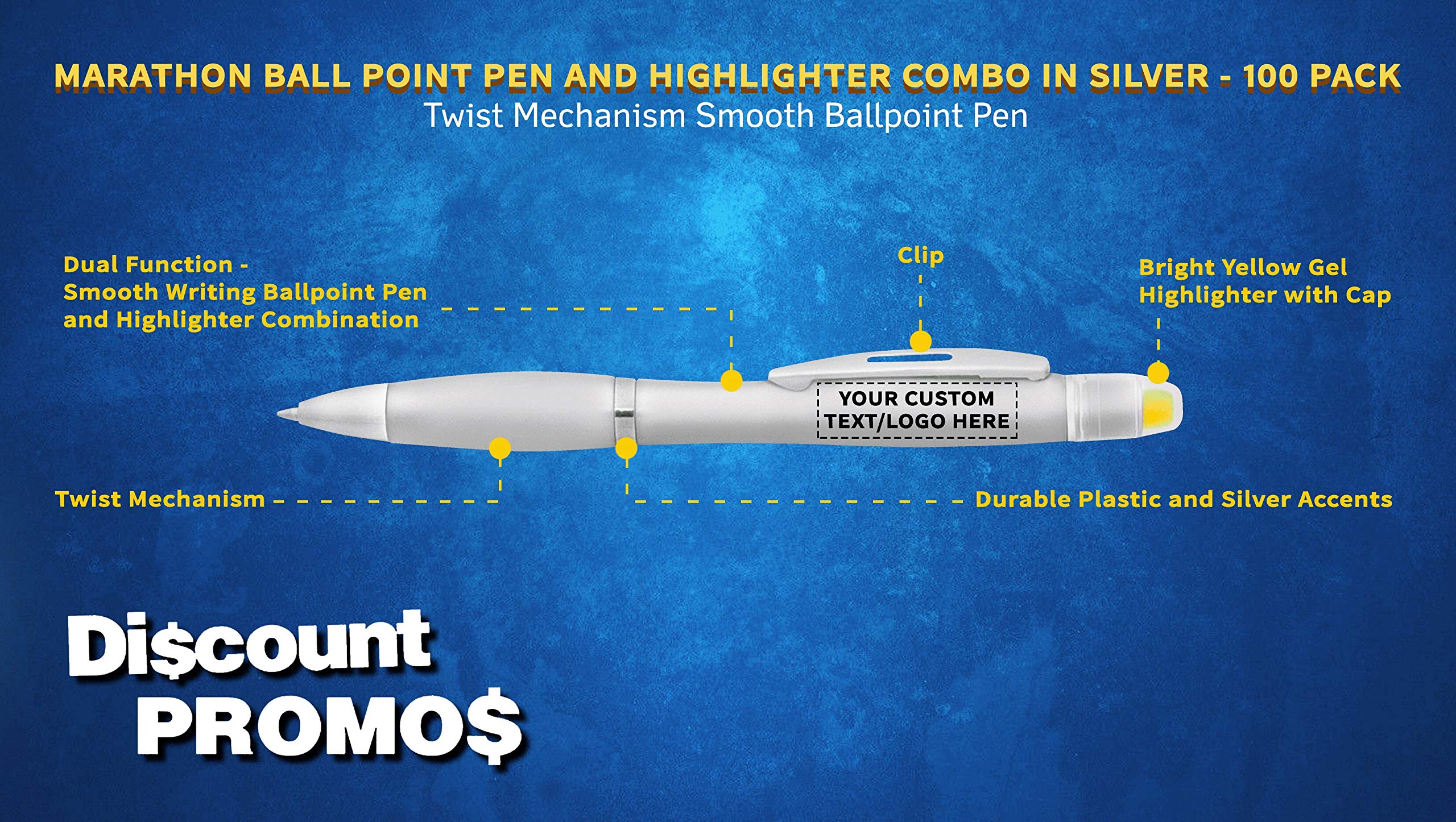 100 Pack Marathon Gel Highlighter Pens - Customizable Text & Logo - Twist Mechanism Ballpoint Pens - Silver - Perfect for Office, School, Study & Note Taking