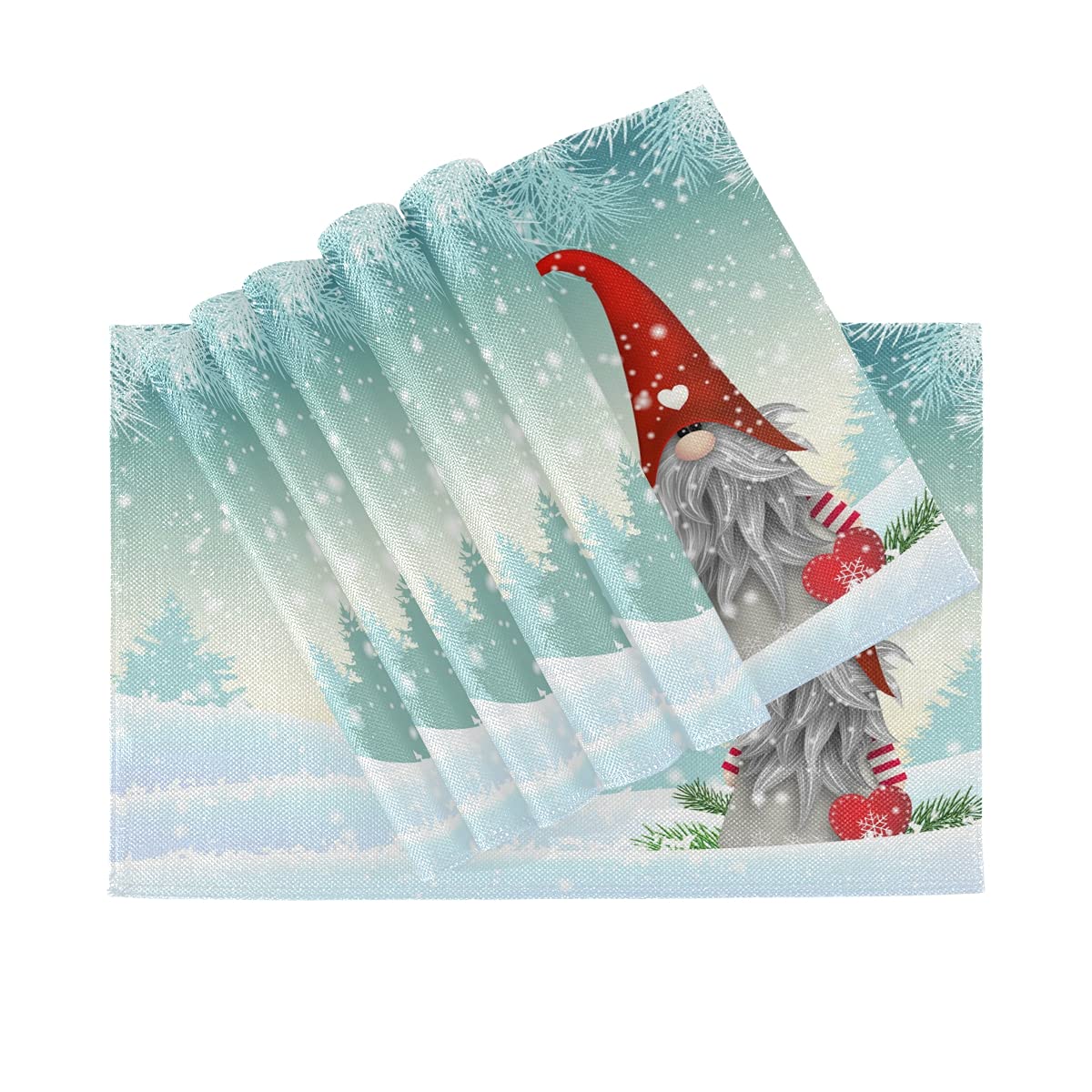 Bolaz Lovely Christmas Gnome Standing Snowfall Winter Placemats Set of 4 - Washable Snowflake Table Mats for Kitchen Dining Home Decor (12x18 inches) - Perfect for Holiday Parties, Winter Dinner Settings & Festive Home Decorations