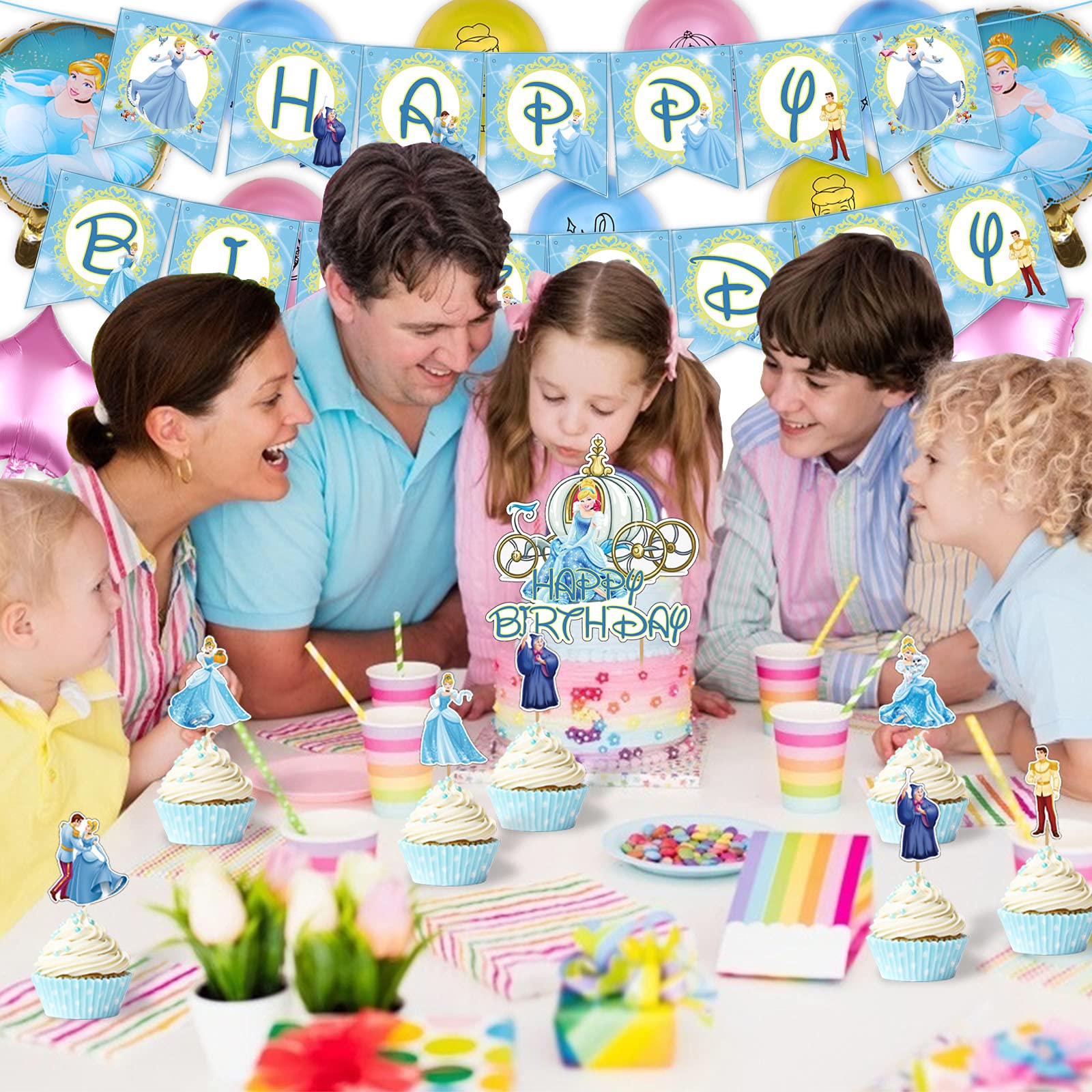 UINKI Cinderella Birthday Party Decorations Set - Princess Balloons, Banner, Cake Toppers & Swirls for Kids Fairy Tale Theme Party | Perfect for Birthday Celebrations, Baby Showers & Princess-Themed Events