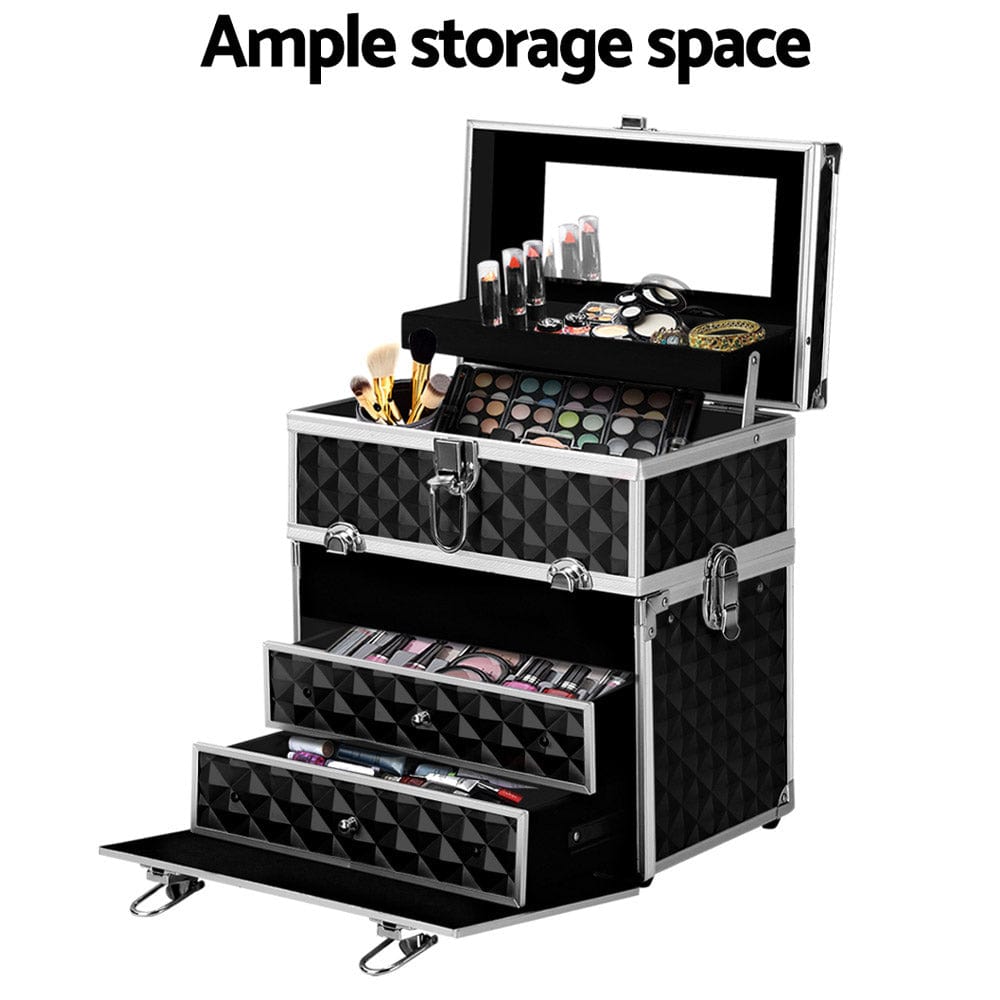 Embellir Portable Cosmetic Makeup Organizer Case with Mirror - Diamond Black Design for Travel, Home & Professional Use