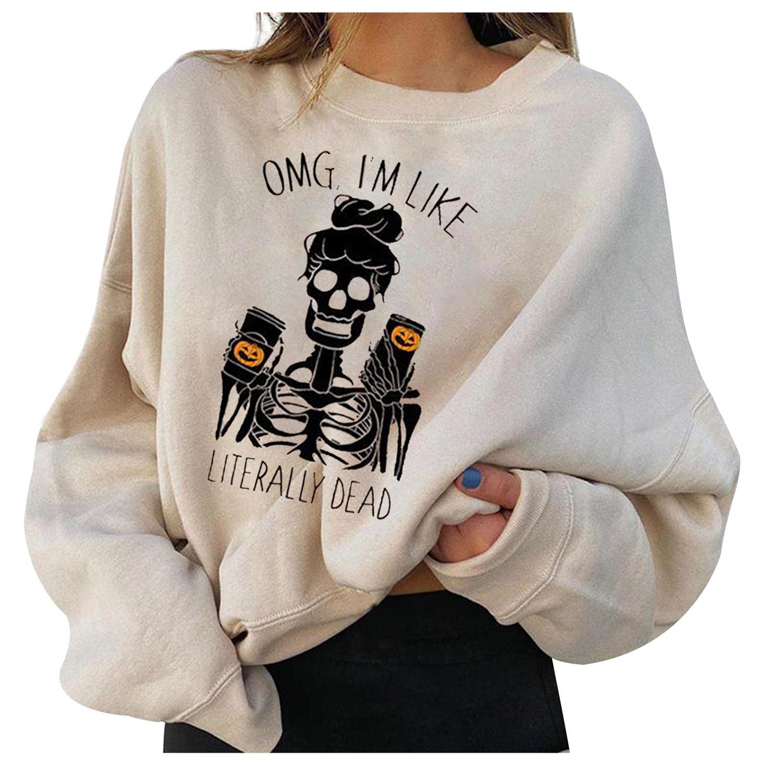 Women's Halloween Sweatshirt - Skull Print Crewneck Long Sleeve Pullover Hoodie for Fall & Winter | Cozy Graphic Sweater for Halloween Parties, Trick or Treating & Casual Outfits
