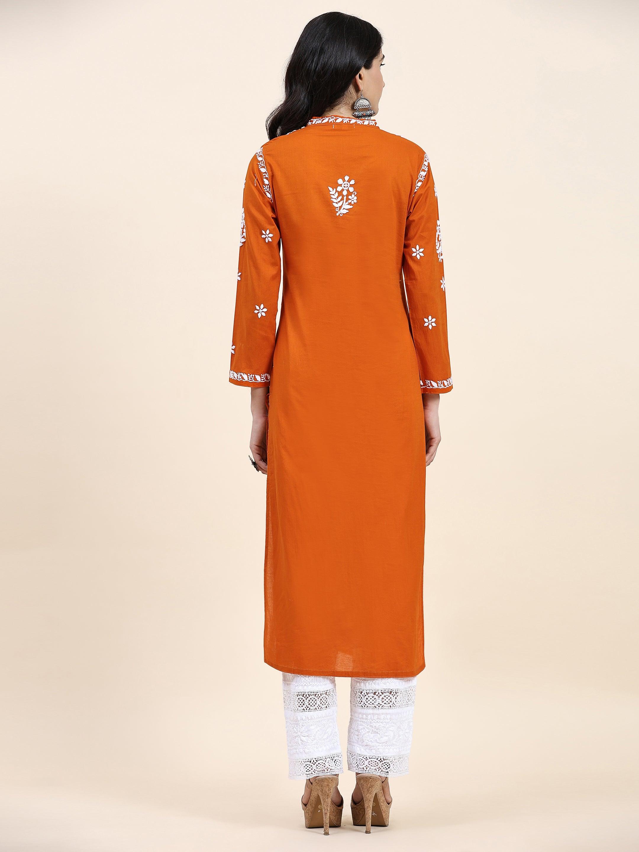 Fizaa Women's Chikankari Embroidered Long Cotton Kurta - Orange | Elegant Traditional Indian Dress for Festivals & Special Occasions