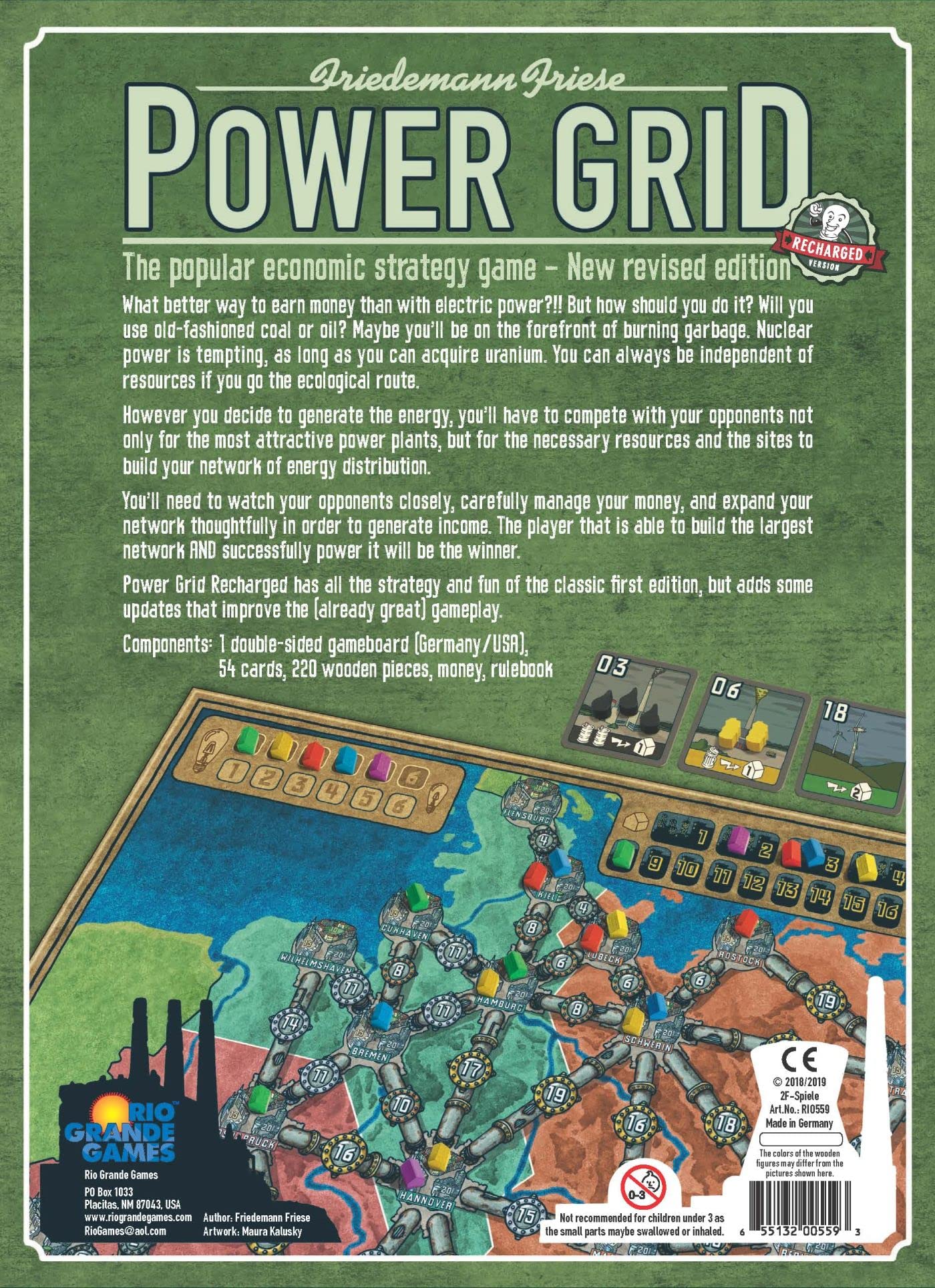 Power Grid Recharged Board Game Bundle with 5 Expansions & 2 Lightning Bolt Buttons - Strategy Game for Family Game Nights & Game Club Events