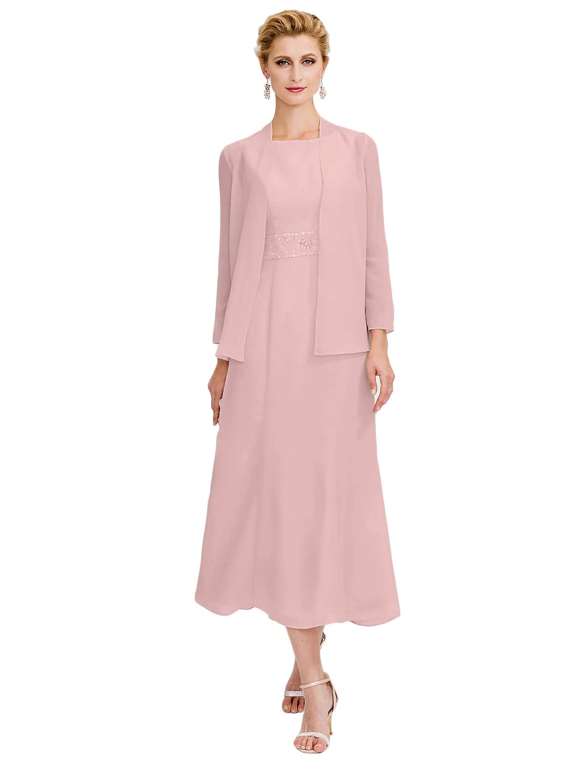 2 PCS Elegant Mother of The Bride Dresses - Chiffon Long Sleeve Beaded Wedding Guest Gown with Formal Cardigan for Evening Party, Special Occasions & Formal Events - Perfect for Weddings, Receptions, Galas & Black Tie Affairs