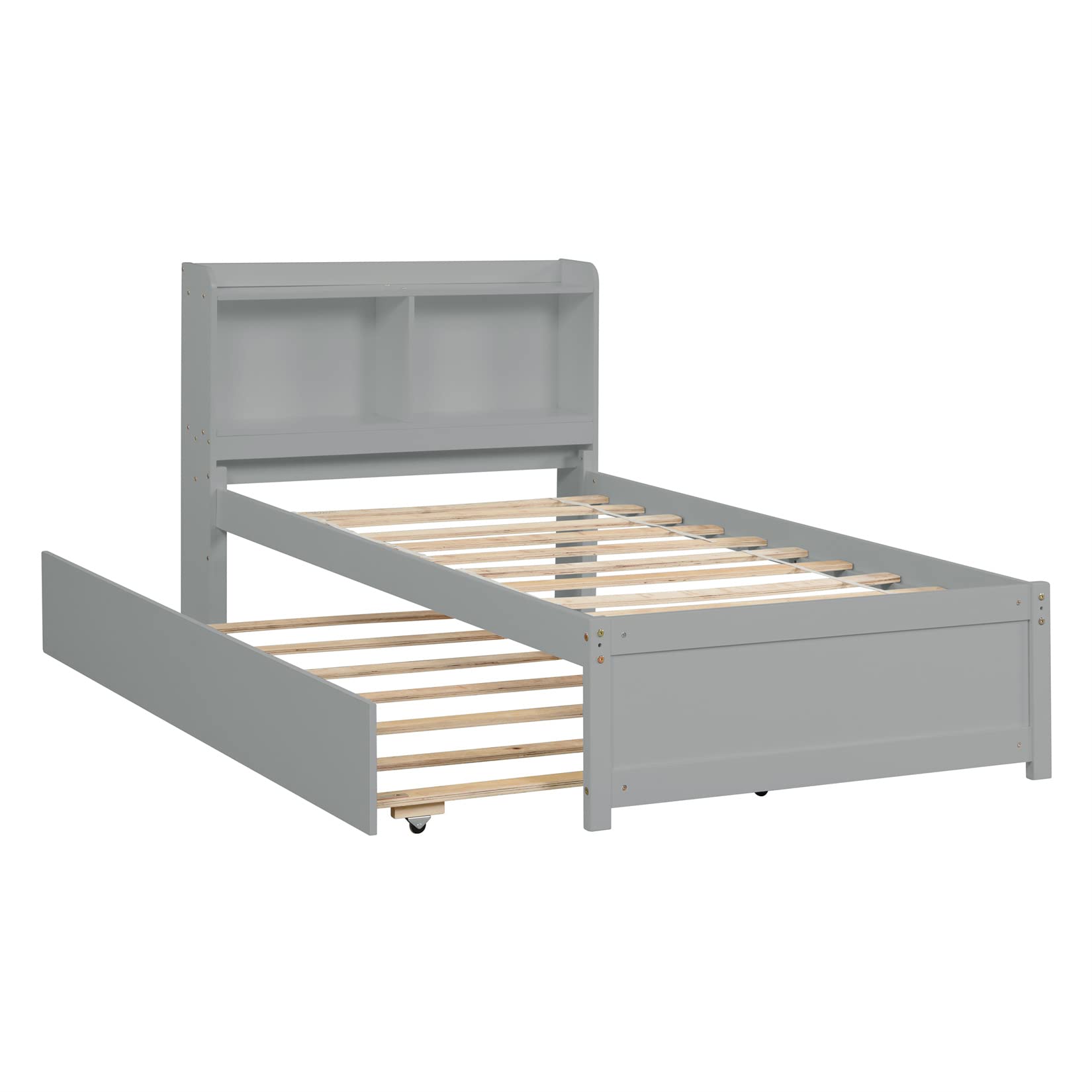Bellemave Twin Size Wooden Platform Bed with Trundle, Bookcase Headboard & Storage - Space-Saving Kids Bedroom Furniture for Boys, Girls & Teens (Gray) - Perfect for Small Rooms, Guest Beds & Sleepovers