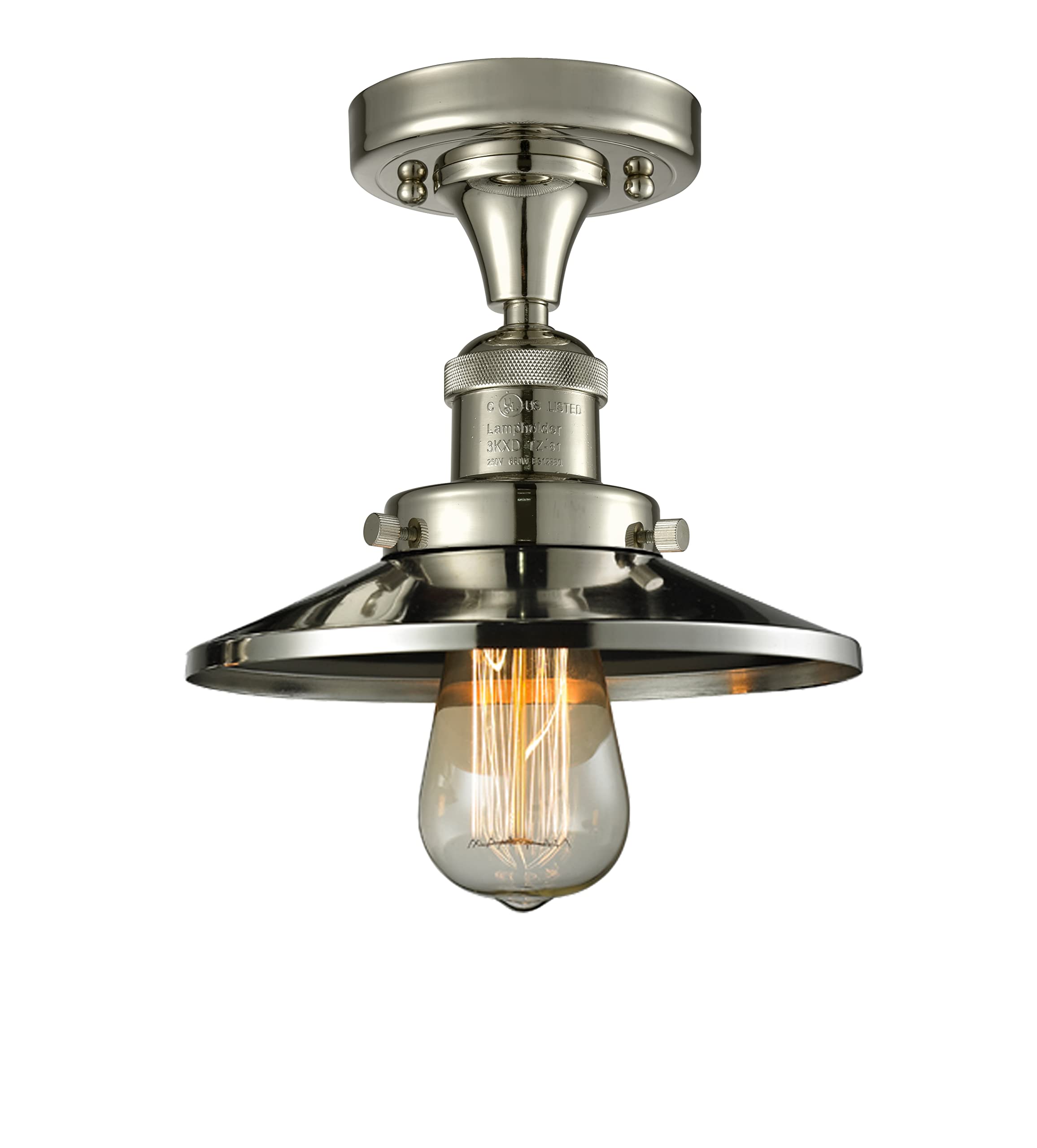 Vintage Dimmable LED Semi-Flush Mount Ceiling Light - 1 Light Polished Nickel Fixture for Bedroom, Living Room & Hallway Lighting