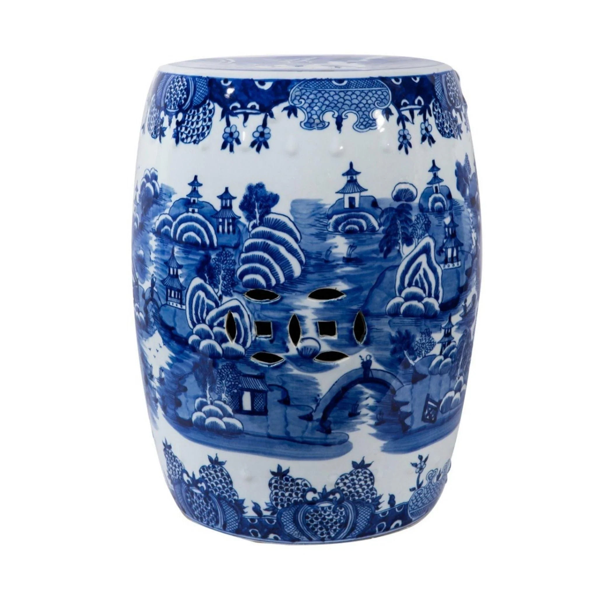 Blue and White Mountain Pagoda Porcelain Garden Stool - Handcrafted Chinese Decorative Stool for Outdoor Patio, Garden Decor, and Home Accent - Perfect for Porch Seating, Plant Stand, or Side Table