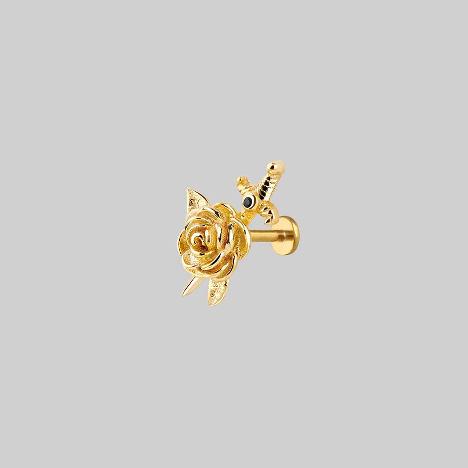 RHAPSODY Dagger Through Rose Stud Earrings - 14K Gold Plated Gothic Jewelry for Women | Perfect for Valentine's Day, Date Night & Punk Fashion
