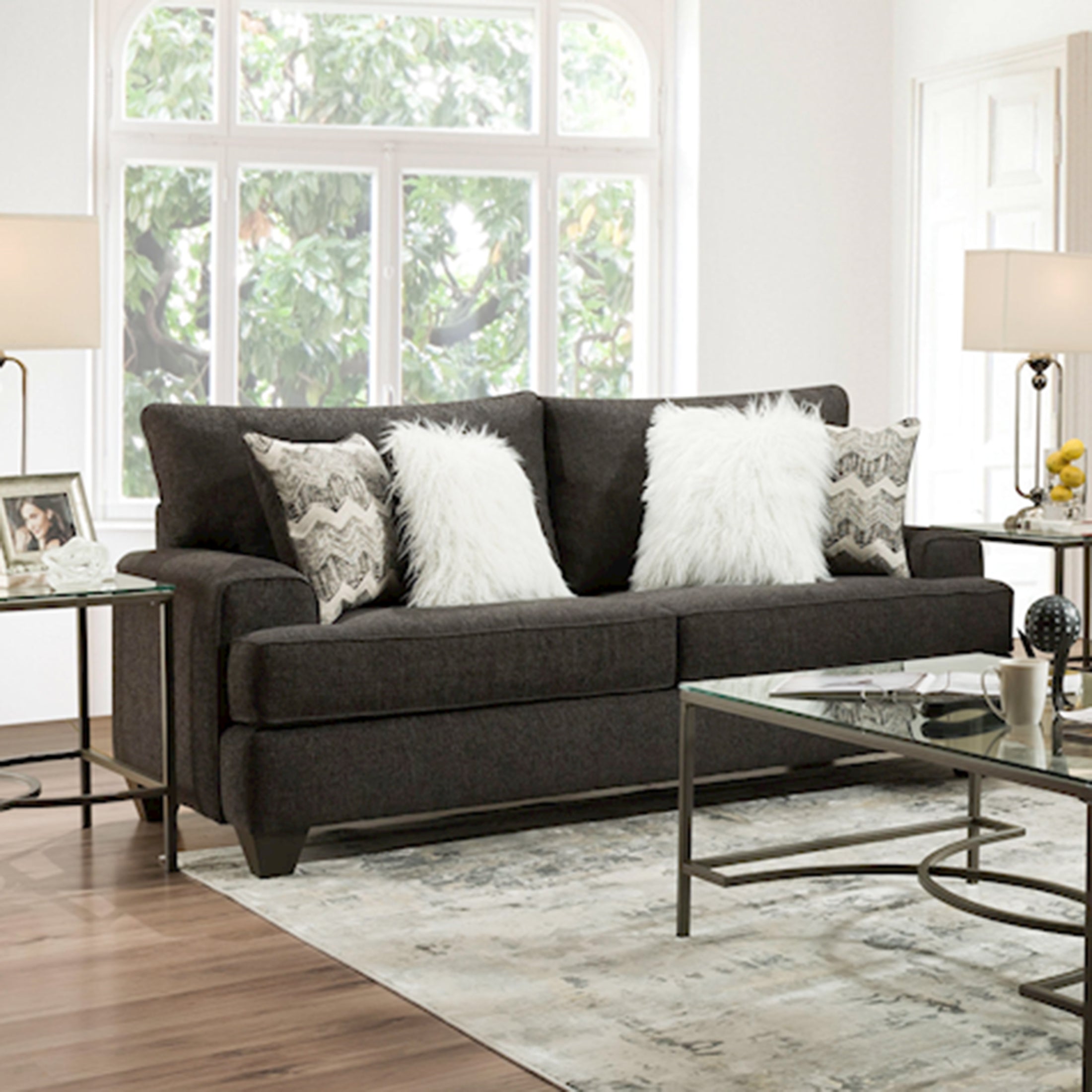 Eren Contemporary Fabric Pillow Back Loveseat in Charcoal - Modern Small Sofa for Living Room, Apartment & Office