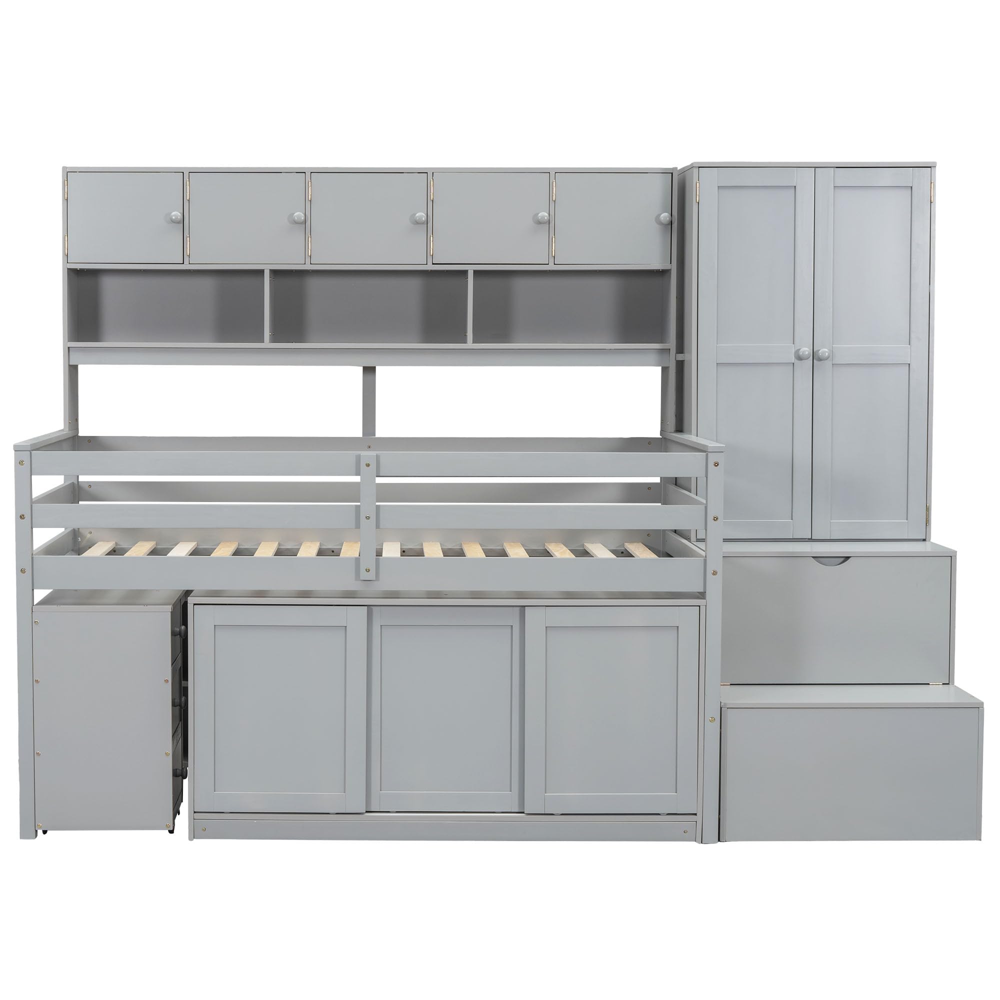 Harper & Bright Designs Kids Twin Low Loft Bed with Desk & Wardrobe - Wood Twin Loft Bed Frame with Storage Shelves & Cabinet - Perfect for Small Bedrooms, Kids & Teens Room - Space-Saving Gray Loft Bed for Study & Sleep