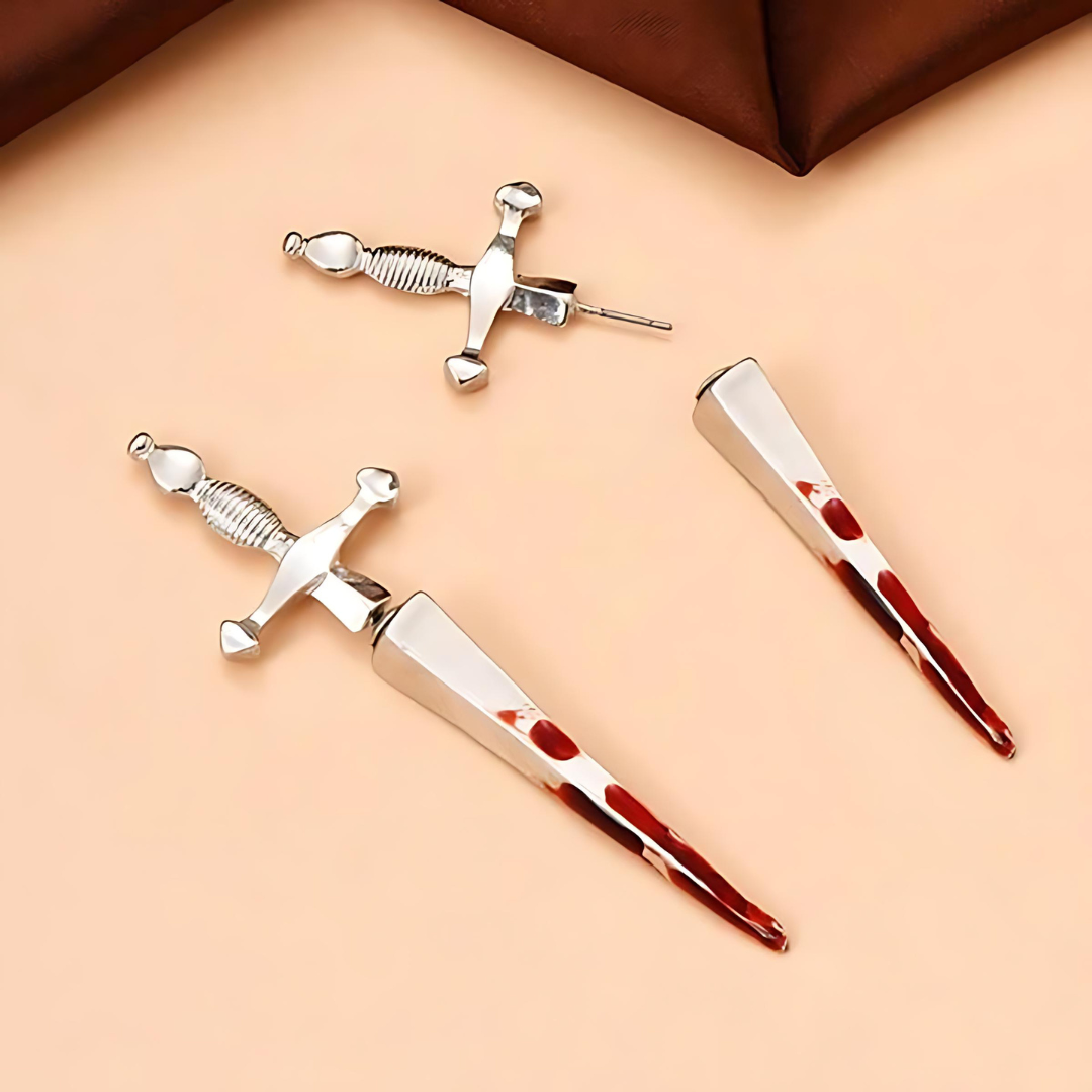 Gothic Cross Sword Bloodstain Dagger Ear Jacket Stud Earrings for Women | B2038 | Perfect for Halloween, Cosplay, and Gothic Fashion Accessories