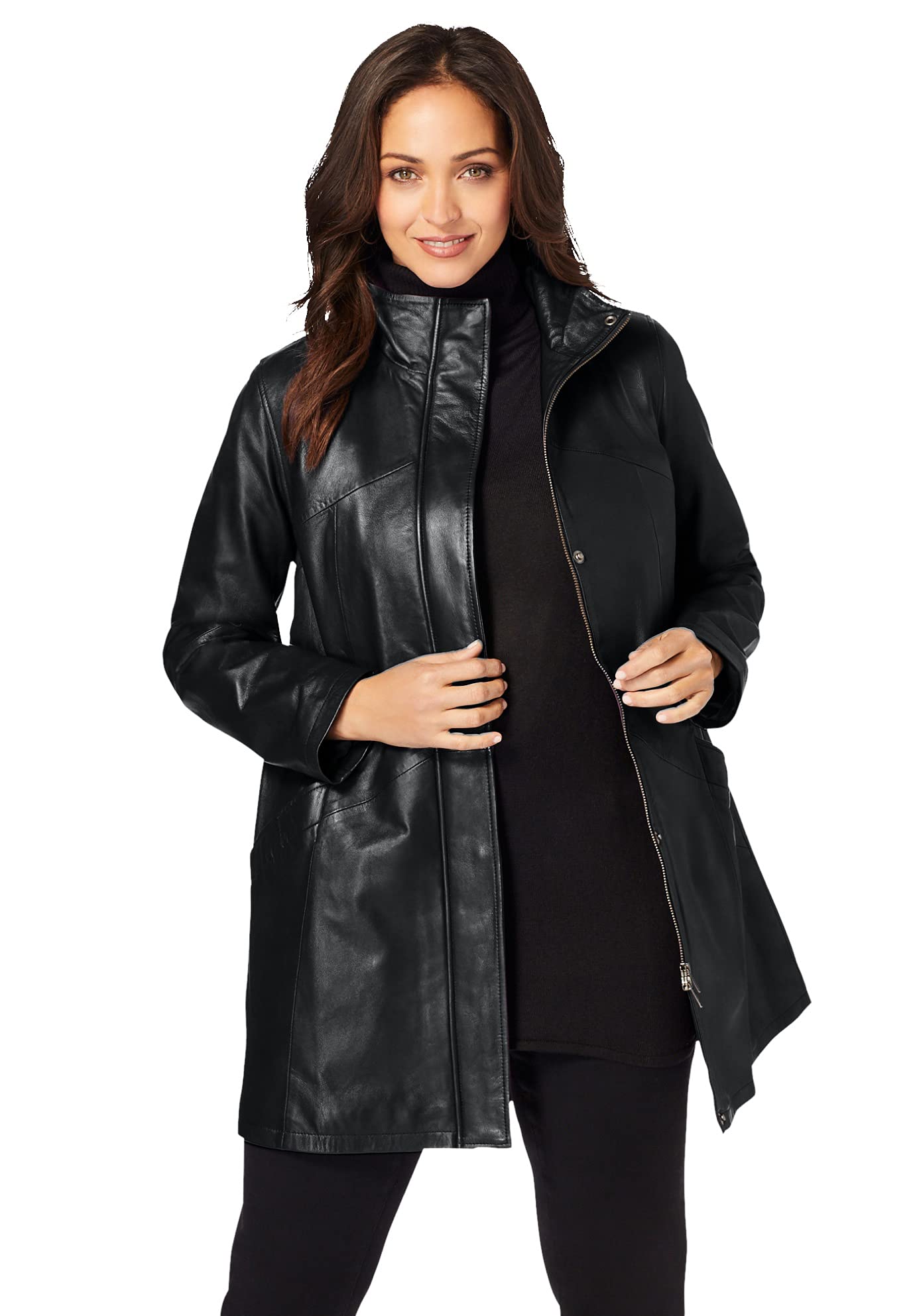 Jessica London Women's Plus Size A-Line Zip Front Leather Jacket - Size 20W, Black | Stylish Outerwear for Casual Wear, Date Nights & Fall Fashion