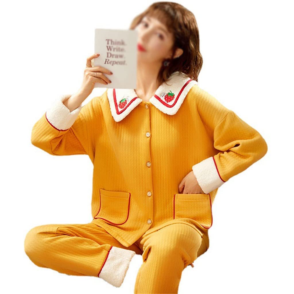 Viinice Women's Warm Winter Pajama Set - 2-Piece Flannel Sleepwear with Lace Trim, Homewear & Lounge Outfit (Yellow, Size M) - Perfect for Cozy Nights, Family Matching Pajamas & Holiday Gifts