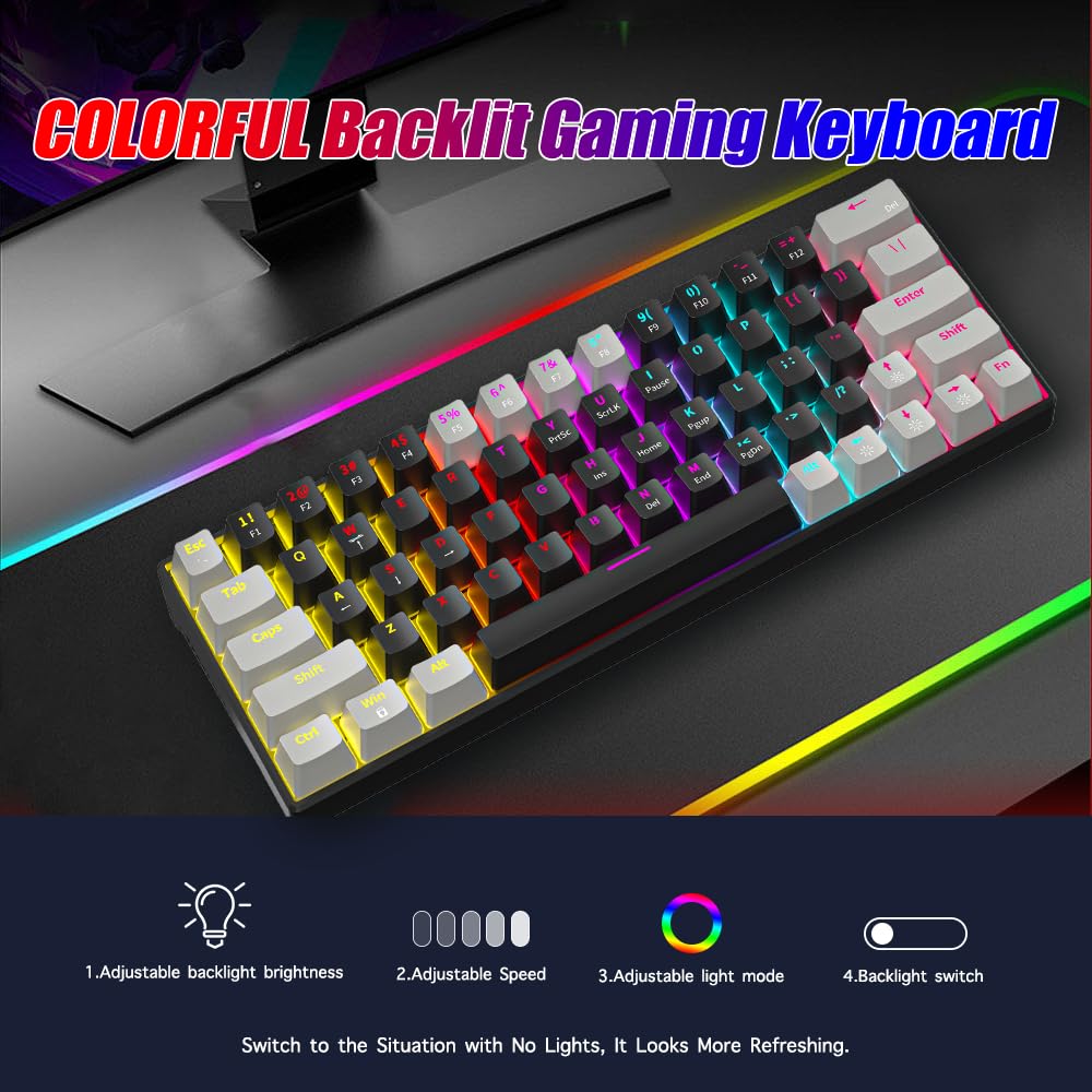 Abucow 60% Wired Mechanical Gaming Keyboard with RGB Backlight & Hot-Swappable Switches - 61-Key Compact Design with Pudding Keycaps for PC/Mac (Black-Gray) - Perfect for Esports, Office Work & Typing Enthusiasts