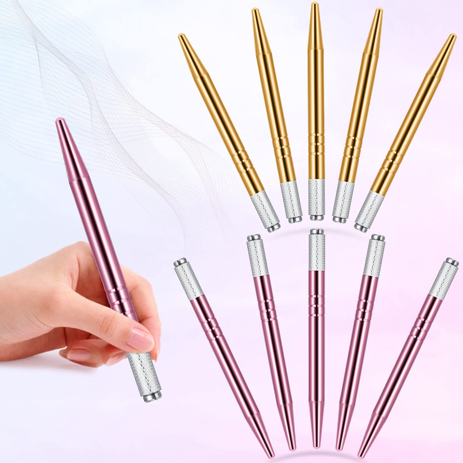 10-Piece Microblading Pen Set - Manual Eyebrow Microblade Tools with Aluminum Handle for Professional Salon & Home Use - Includes 2 Colors (Pink, Gold) - Perfect for Eyebrow Shaping, Tattooing & Permanent Makeup Application