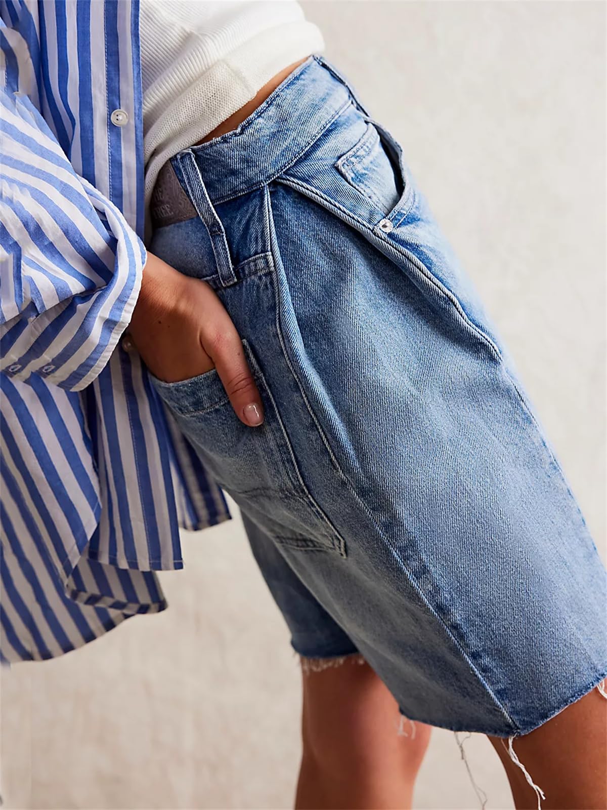 Women's High Waisted Long Jean Shorts - Straight Leg Frayed Raw Hem Denim Shorts | Y2K Summer Jorts for Casual Outfits, Beach Vacations & Street Style Fashion