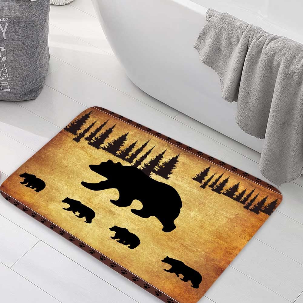 JAWO Rustic Cabin Bathroom Rug - Non-Slip Bath Mat with Black Bear & Forest Trees Design - Water Absorbent Cabin Decor for Bathroom & Kitchen (17