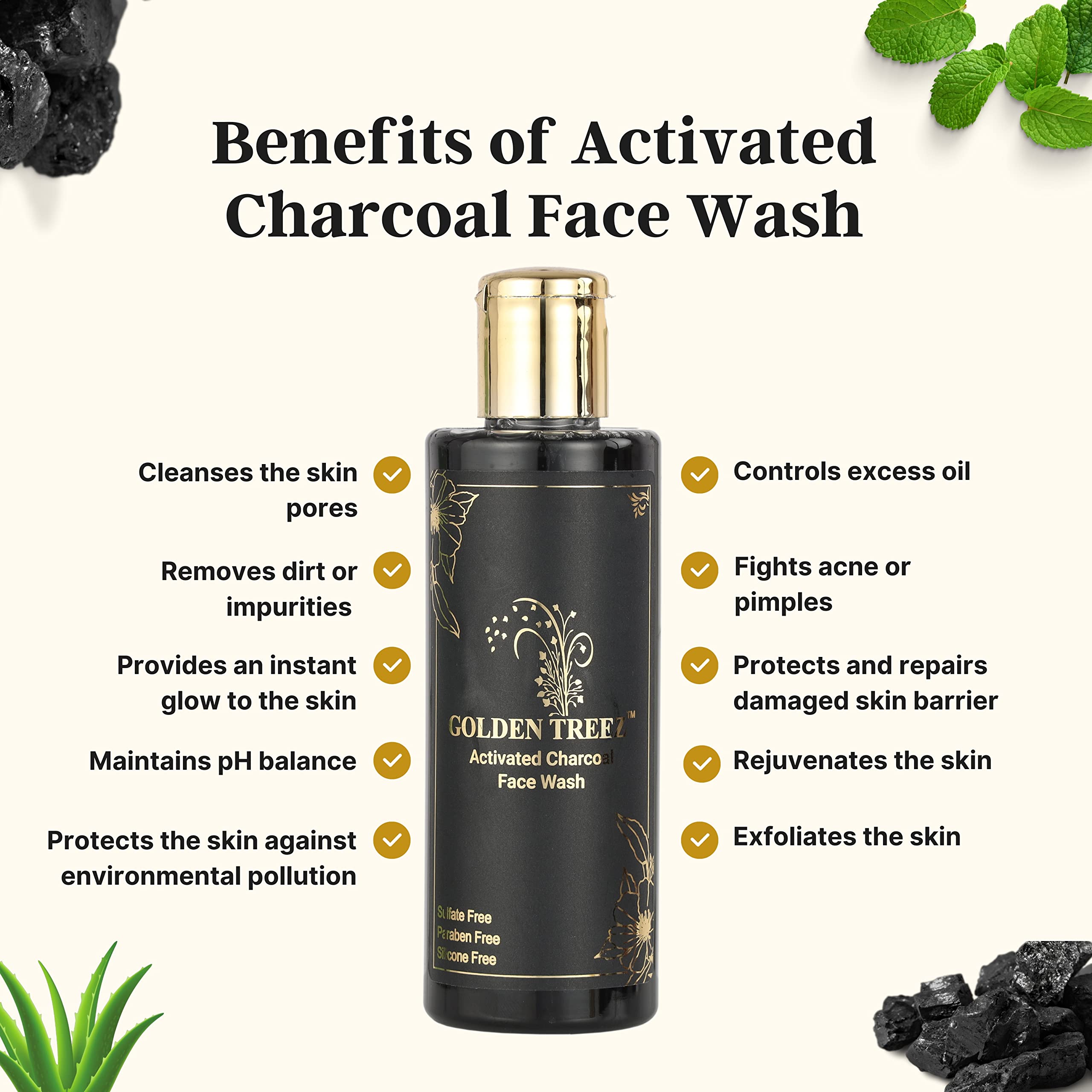 Golden Treez Charcoal Face Wash for Men & Women with Aloe Vera & Activated Charcoal - Natural, Paraben & Sulfate Free Cleanser for Oily Skin, Acne & Tan Removal - Skin Brightening Facial Wash - 210ml - Perfect for Daily Skincare & Deep Cleansing Routine