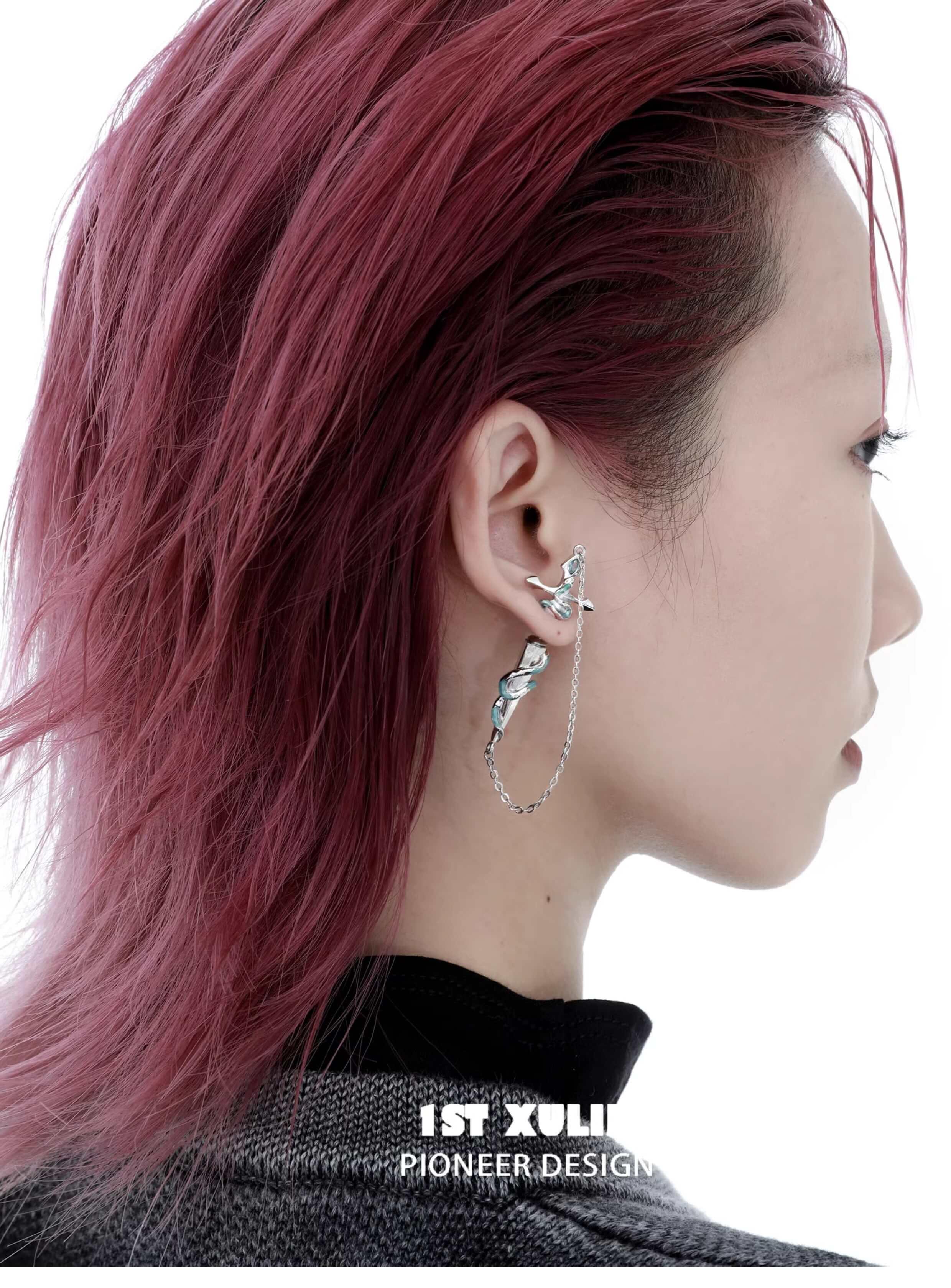 18K Platinum Plated Sword Chain Stud Earrings - Frozen Serpent Girl Gothic Jewelry for Women | Perfect for Cosplay, Halloween Costumes & Punk Fashion Accessories
