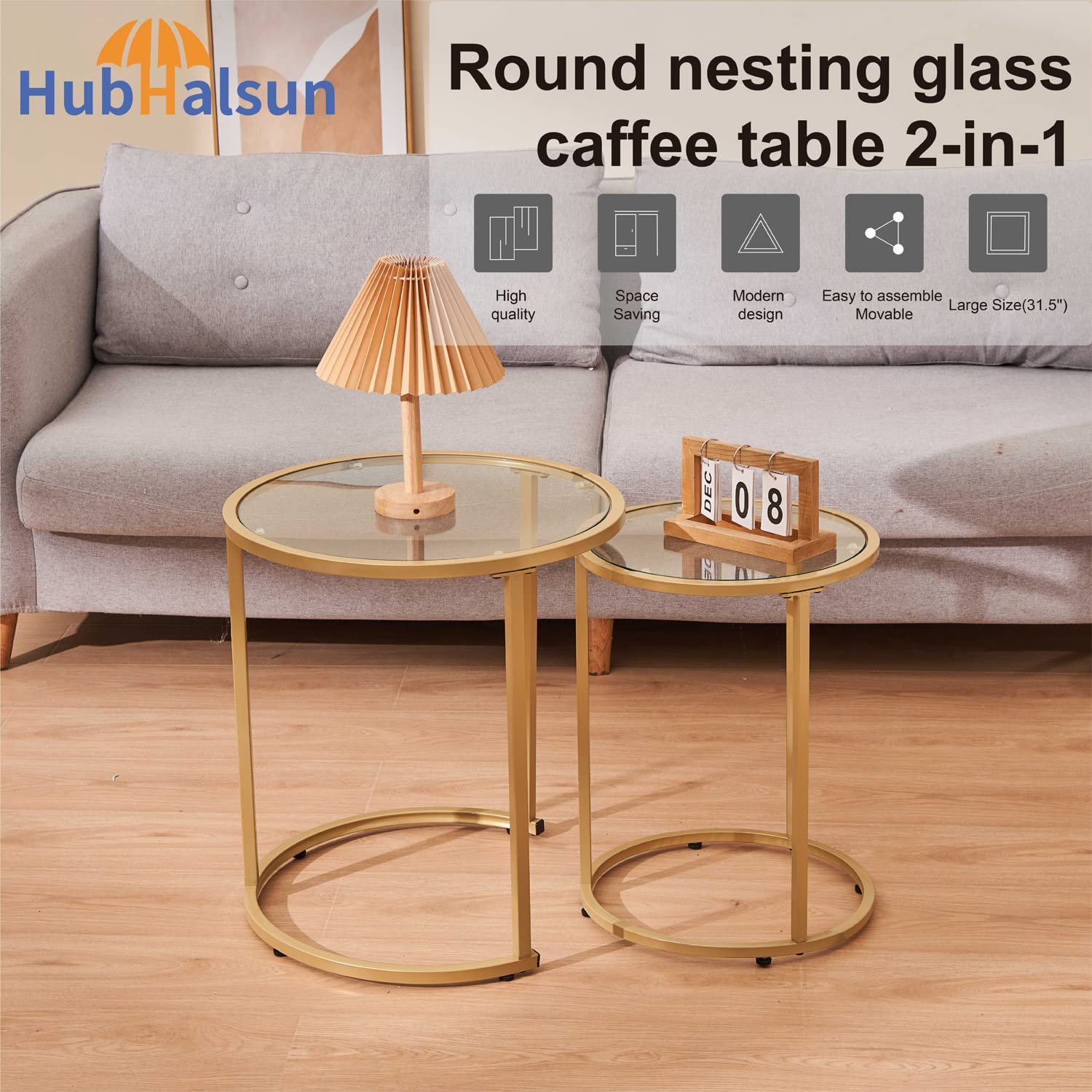 Modern Round Nesting Coffee Glass Tables Set of 2 - Clear Tempered Glass with Gold Frame - Perfect for Living Room, Bedroom & Small Spaces - Stylish Side Tables for Coffee, Books & Decor