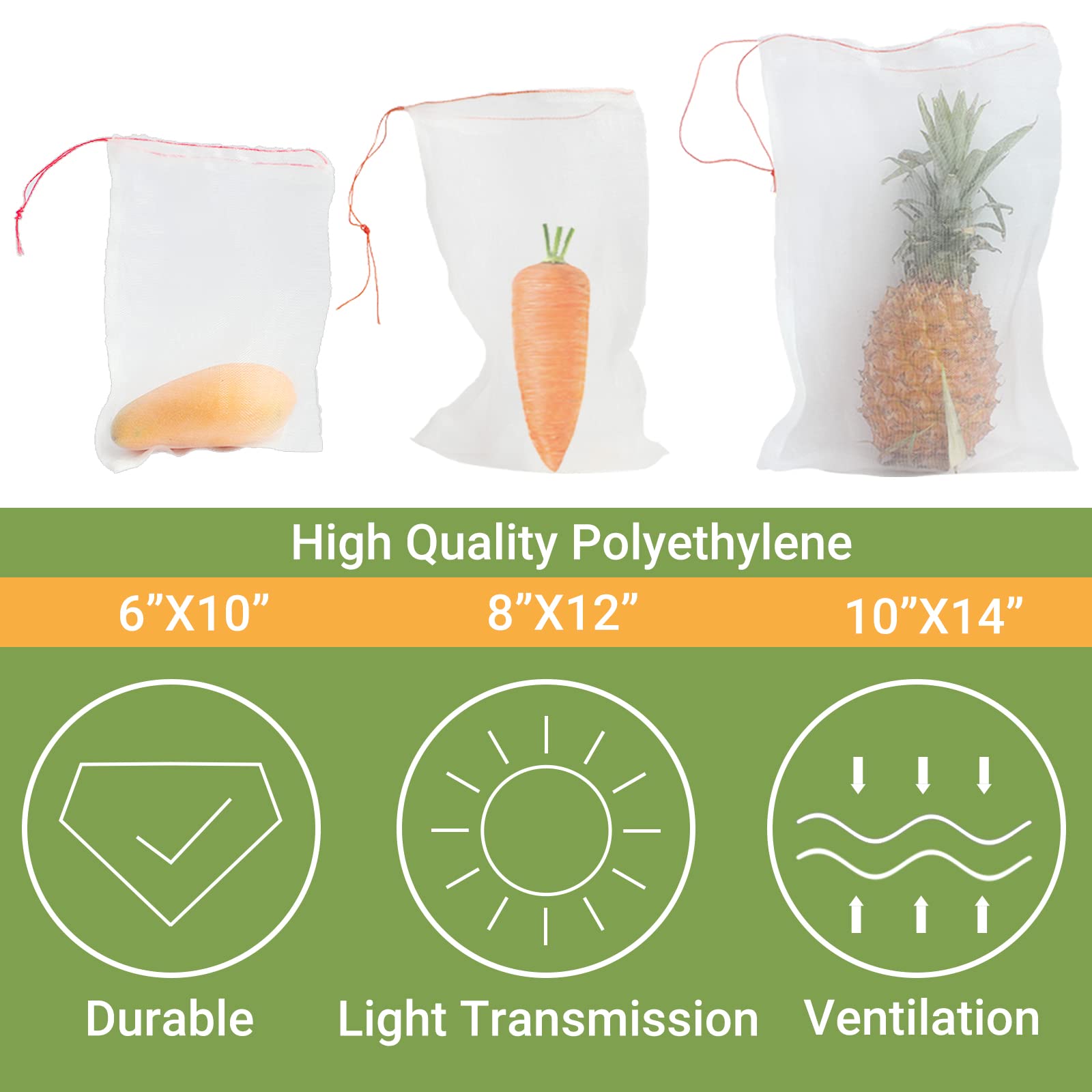 100 Pcs 6-10 Inch Fruit Protection Bags with Drawstring - Breathable Mesh Netting for Apple, Peach, Pear Trees & Garden Vegetables - Prevent Pests & Birds for Organic Gardening