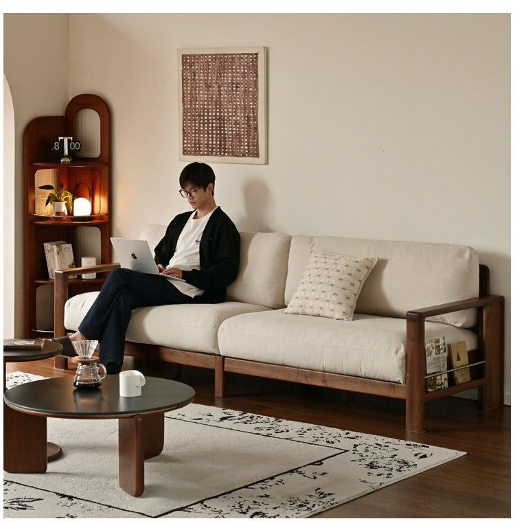 Black Walnut Solid Wood Modern Straight Sofa - Contemporary Fabric Upholstery for Living Room, Lounge & Office Spaces