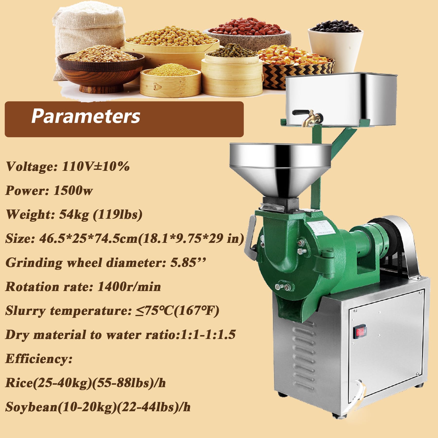 Commercial Electric Grain Grinder 110V - Heavy Duty Corn & Soybean Grinding Machine for Wet/Dry Ingredients - Adjustable Thickness - Perfect for Bakeries, Restaurants & Home Kitchens