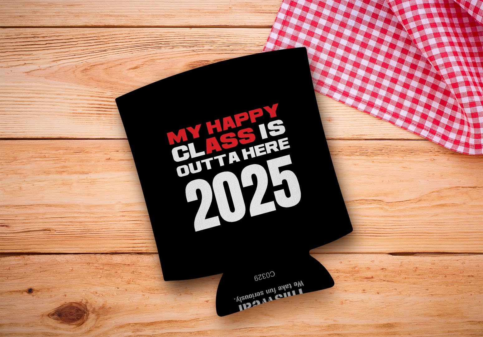 Funny Graduation Gift - 'My Happy Class Outta Here' 2025 Graduation Party Favors - 12-Pack Black Can Coolers for Beer & Soda - Perfect for Graduation Parties, BBQ & Poolside Drinks