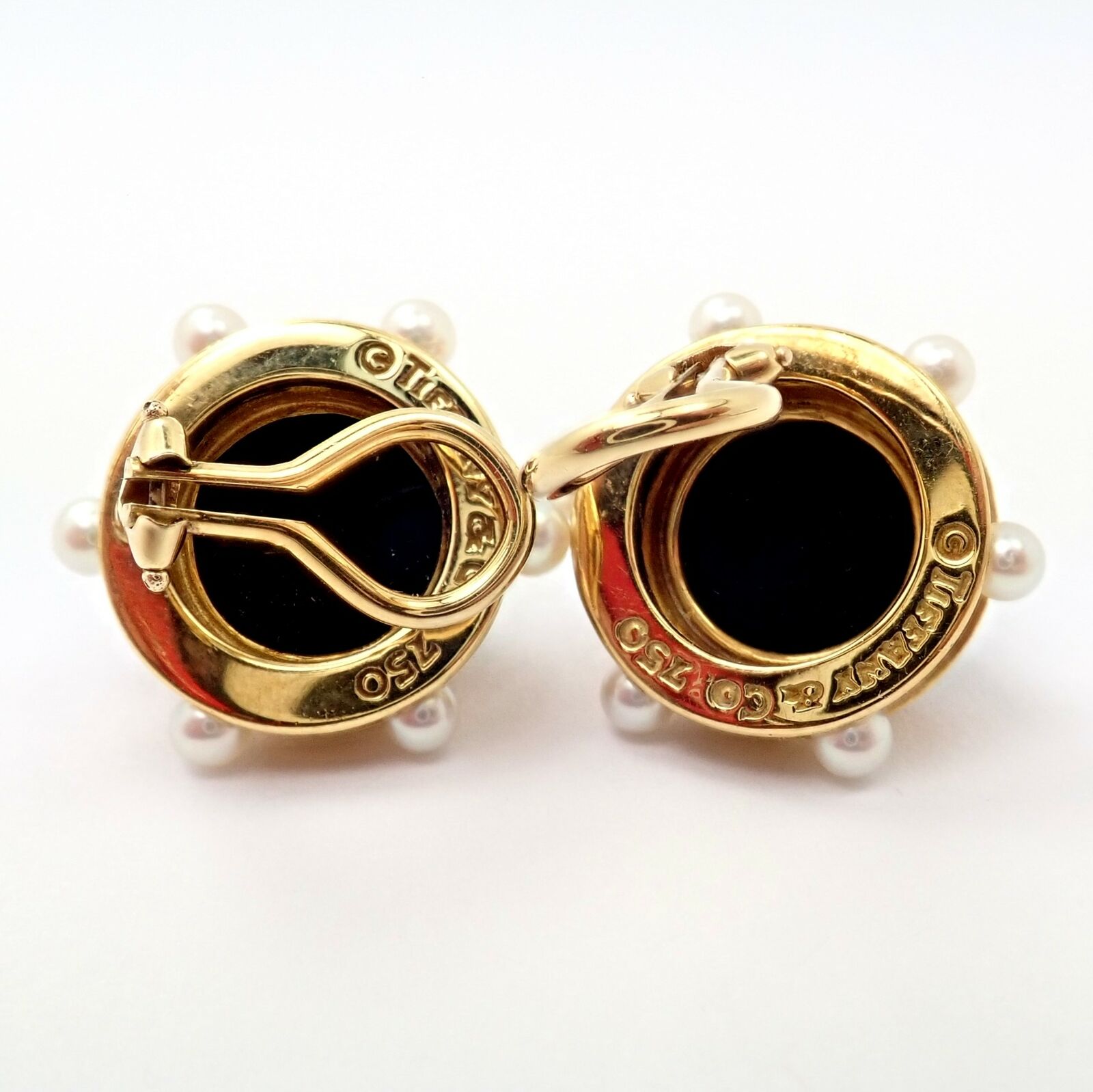 Vintage Authentic Tiffany & Co. 18k Yellow Gold Pearl & Onyx Earrings - Rare Luxury Jewelry for Women, Elegant Gift for Anniversary, Wedding & Special Occasions