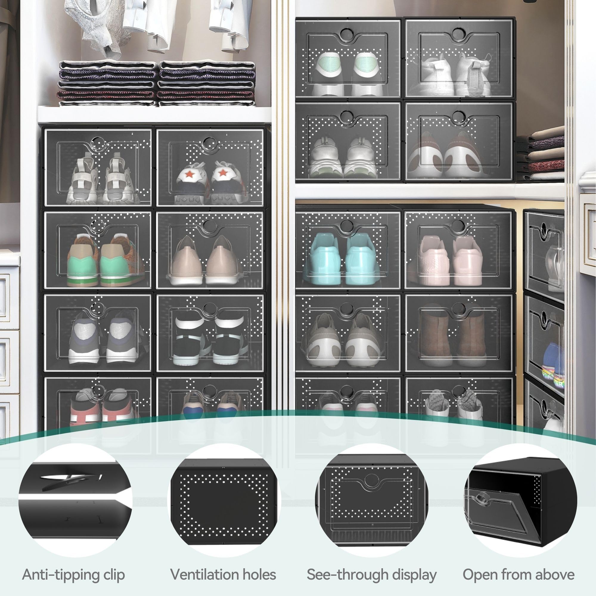 YITAHOME 18 Pack Stackable Shoe Storage Boxes - Fits Up to US Men's Size 13, Clear Plastic Shoe Organizer Containers for Sneakers & Boots (Medium, Black) - Perfect for Closet Organization & Shoe Display